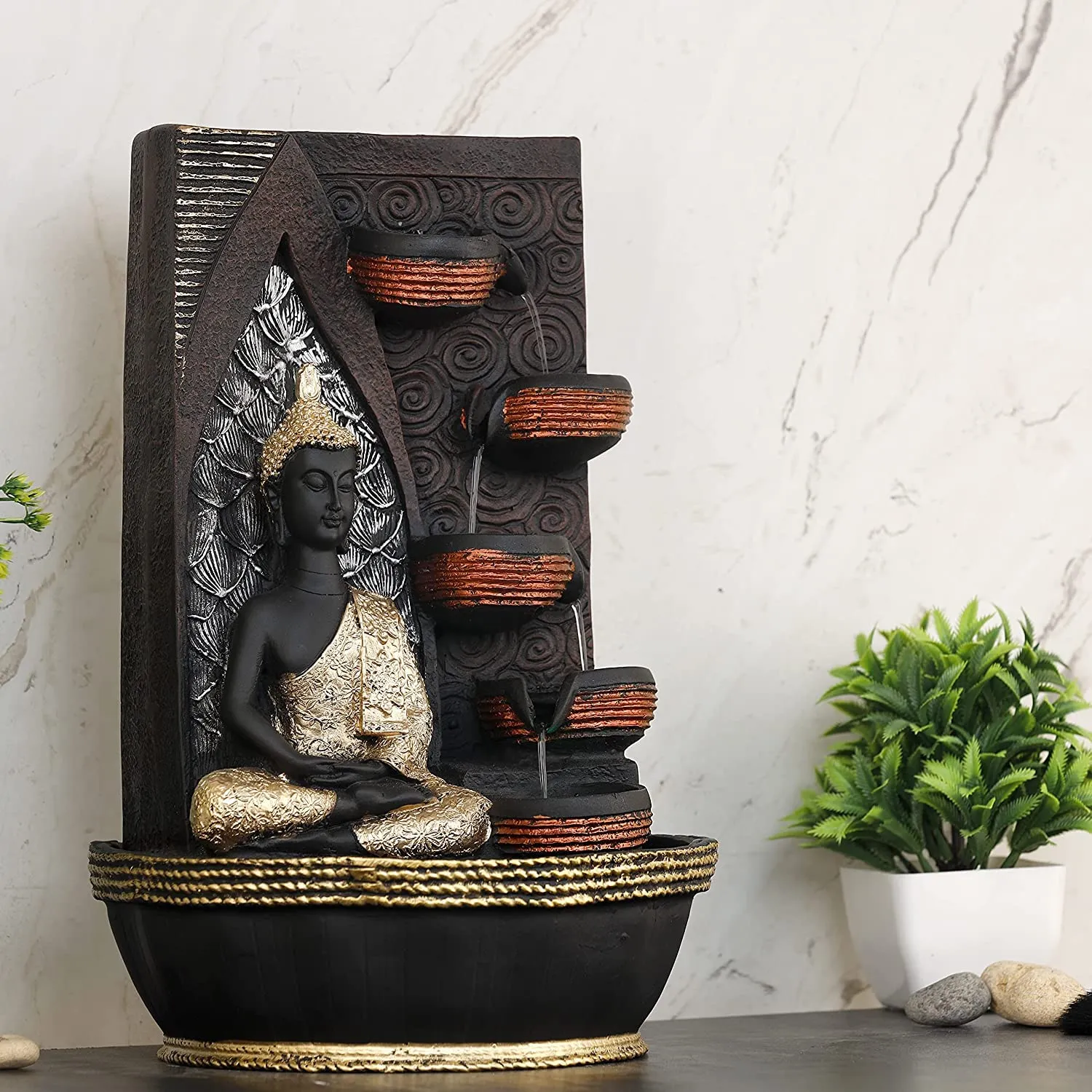 Arjun Tabletop Water Fountain, Home Decor Ornaments with Waterfall Desktop Leaf Fountains, Deep Basin and Natural River Rocks. Indoor Zen Relaxation for Office, Living Room, Bedroom Decor for Gift