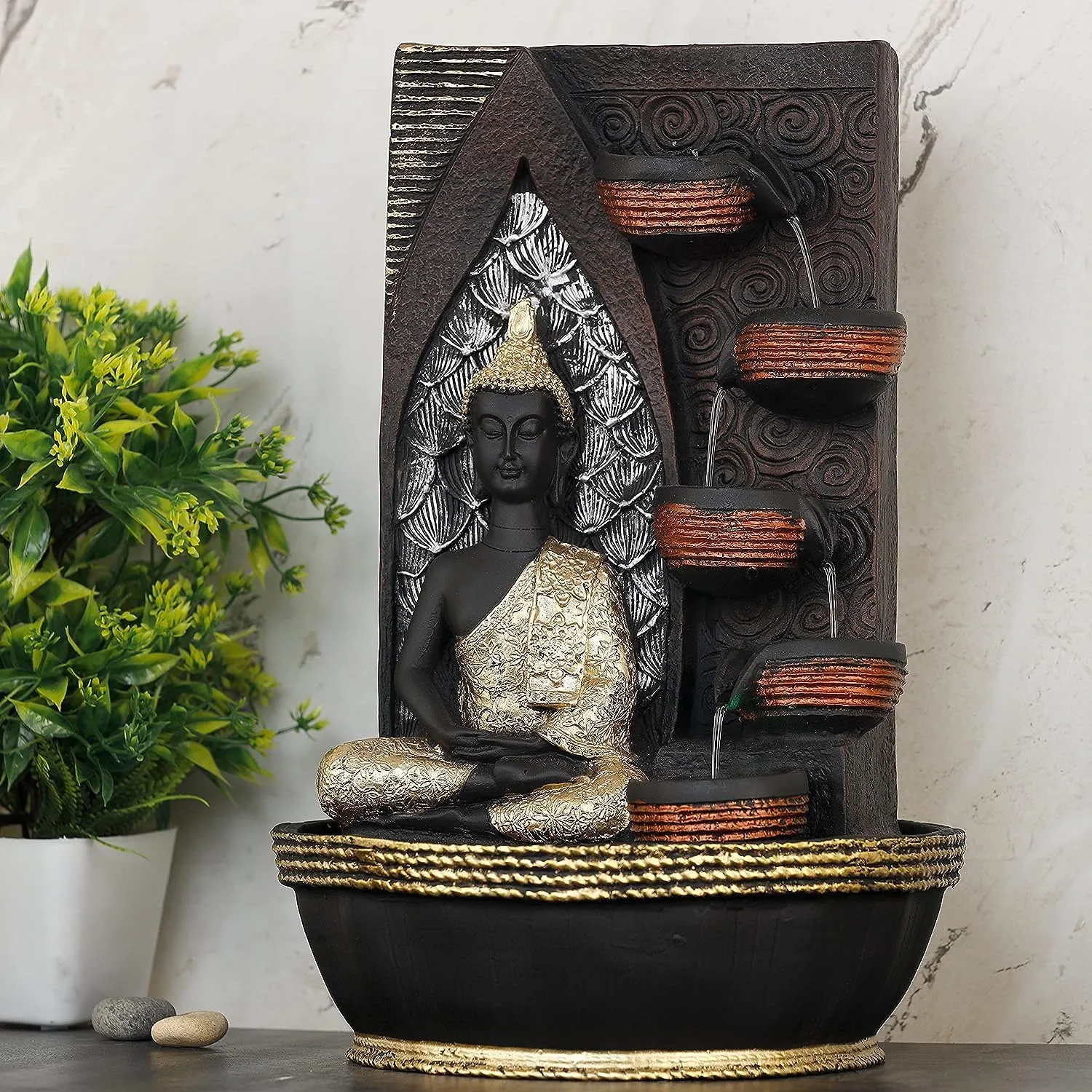 Arjun Tabletop Water Fountain, Home Decor Ornaments with Waterfall Desktop Leaf Fountains, Deep Basin and Natural River Rocks. Indoor Zen Relaxation for Office, Living Room, Bedroom Decor for Gift