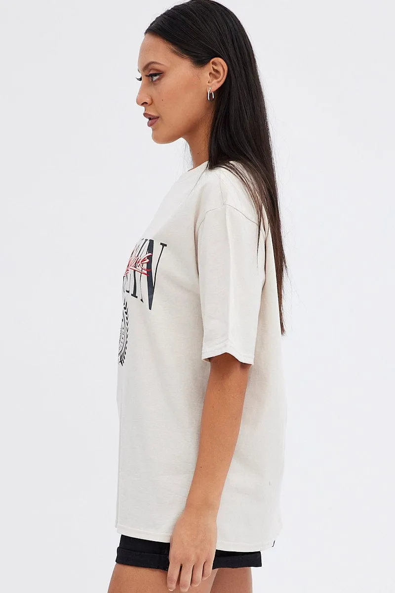 Beige Graphic Tee Short Sleeve Crew Neck