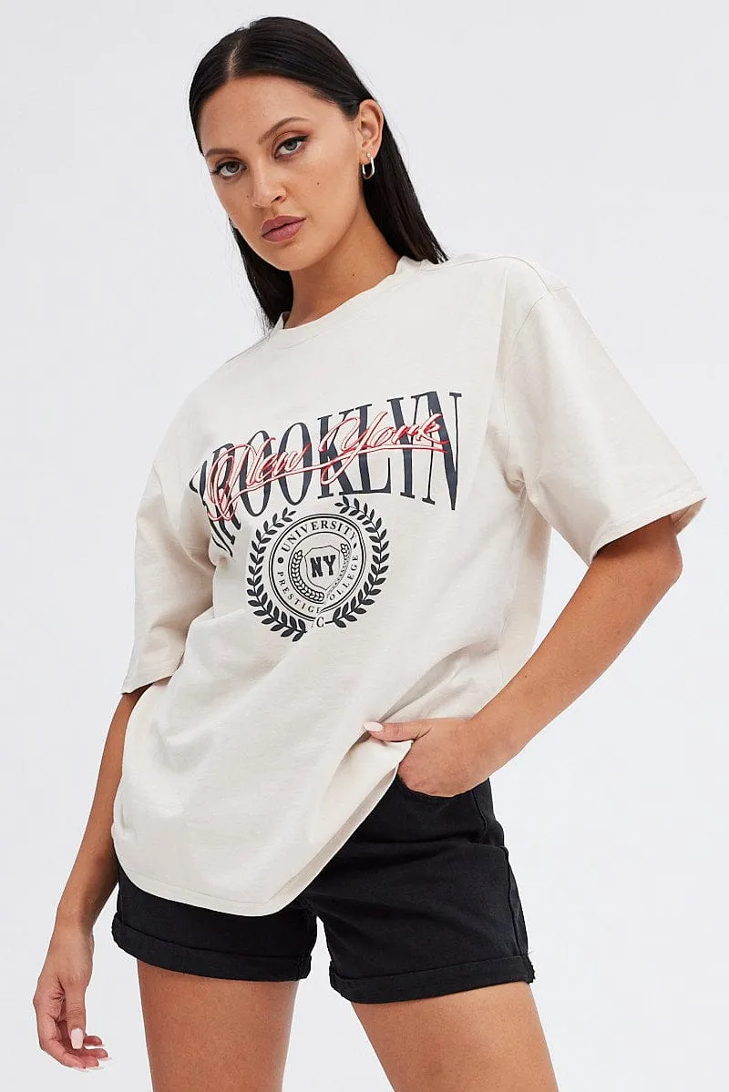 Beige Graphic Tee Short Sleeve Crew Neck