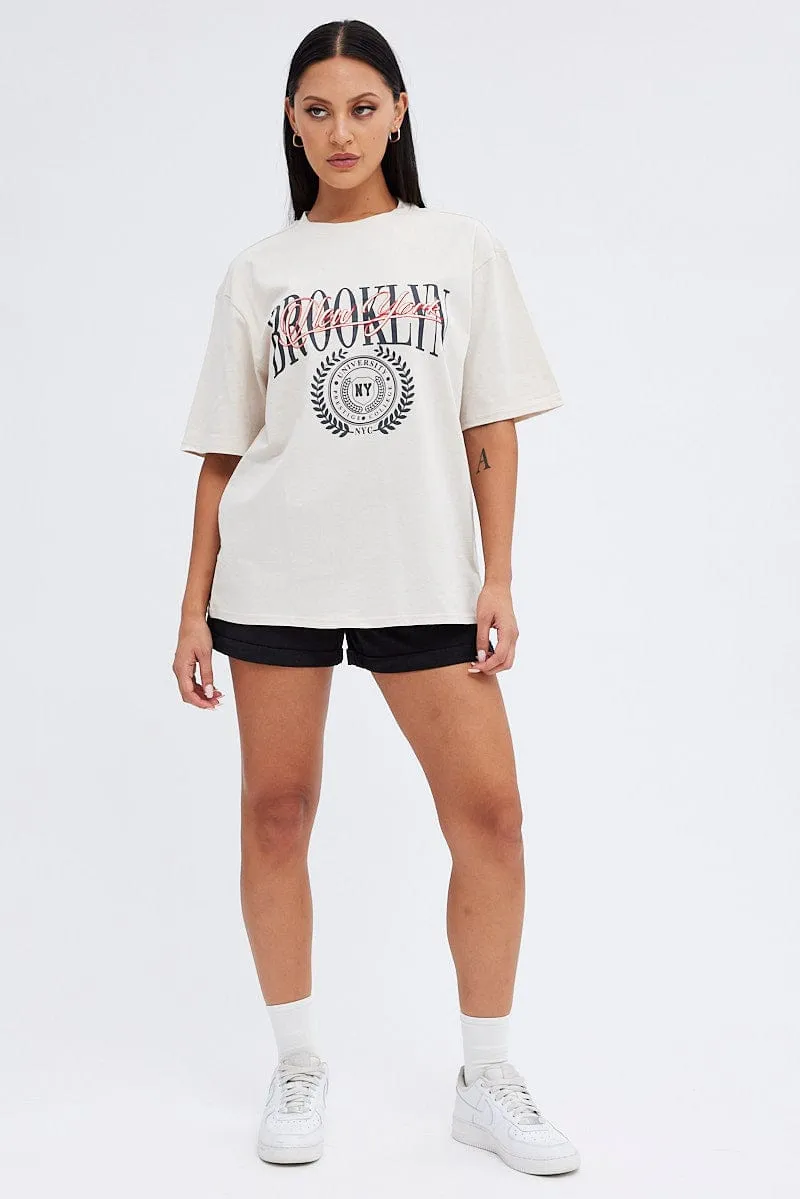 Beige Graphic Tee Short Sleeve Crew Neck