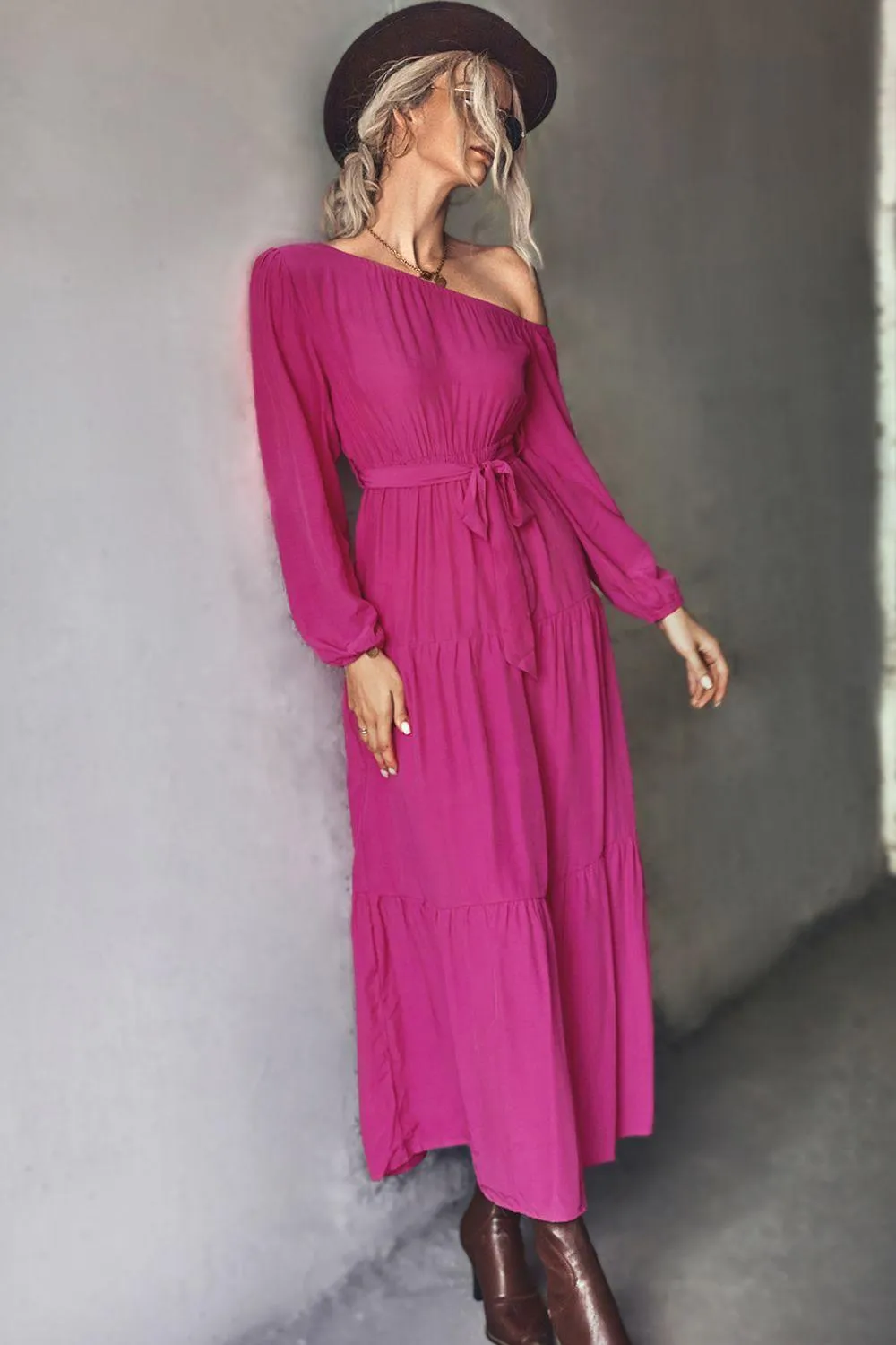 Belted One-Shoulder Tiered Maxi Dress