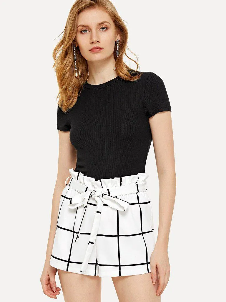 Belted Ruffle Waist Grid Shorts