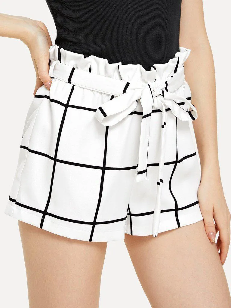 Belted Ruffle Waist Grid Shorts