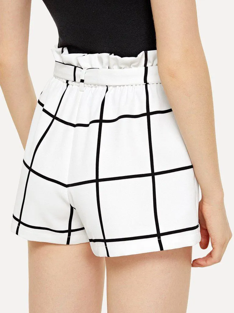 Belted Ruffle Waist Grid Shorts