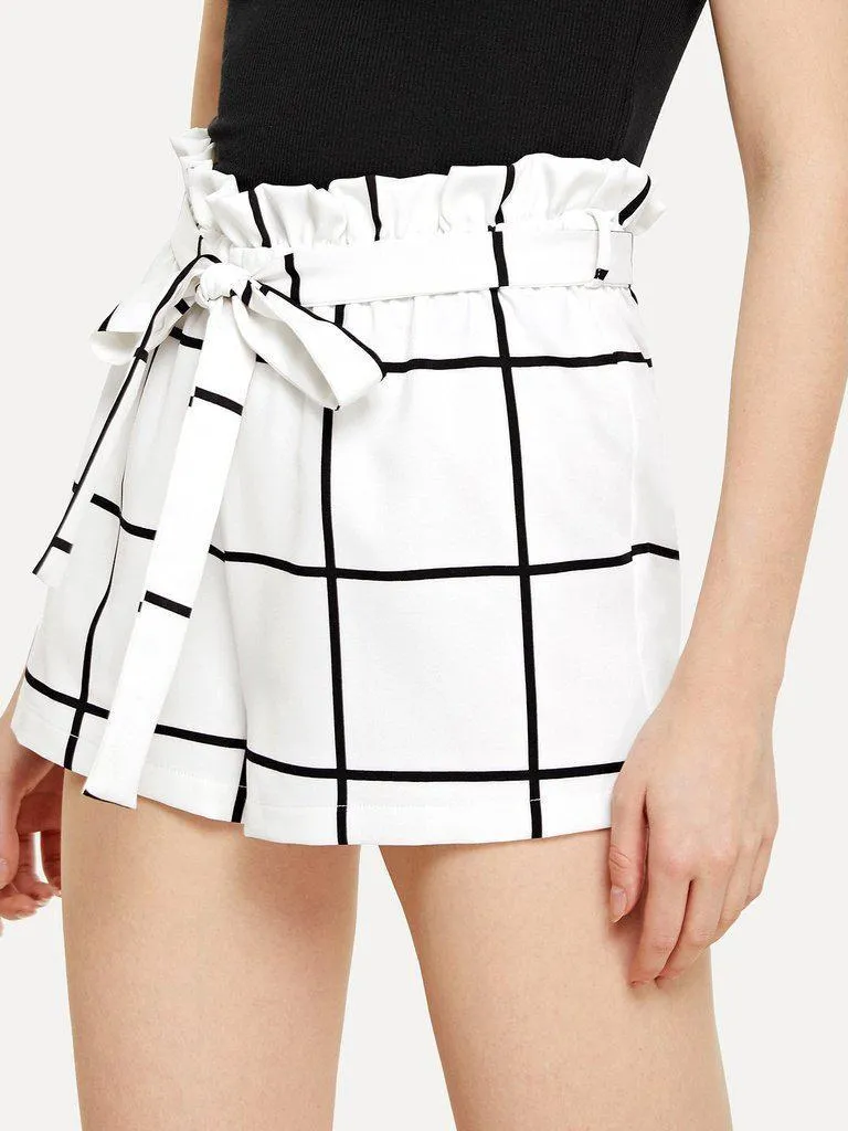 Belted Ruffle Waist Grid Shorts