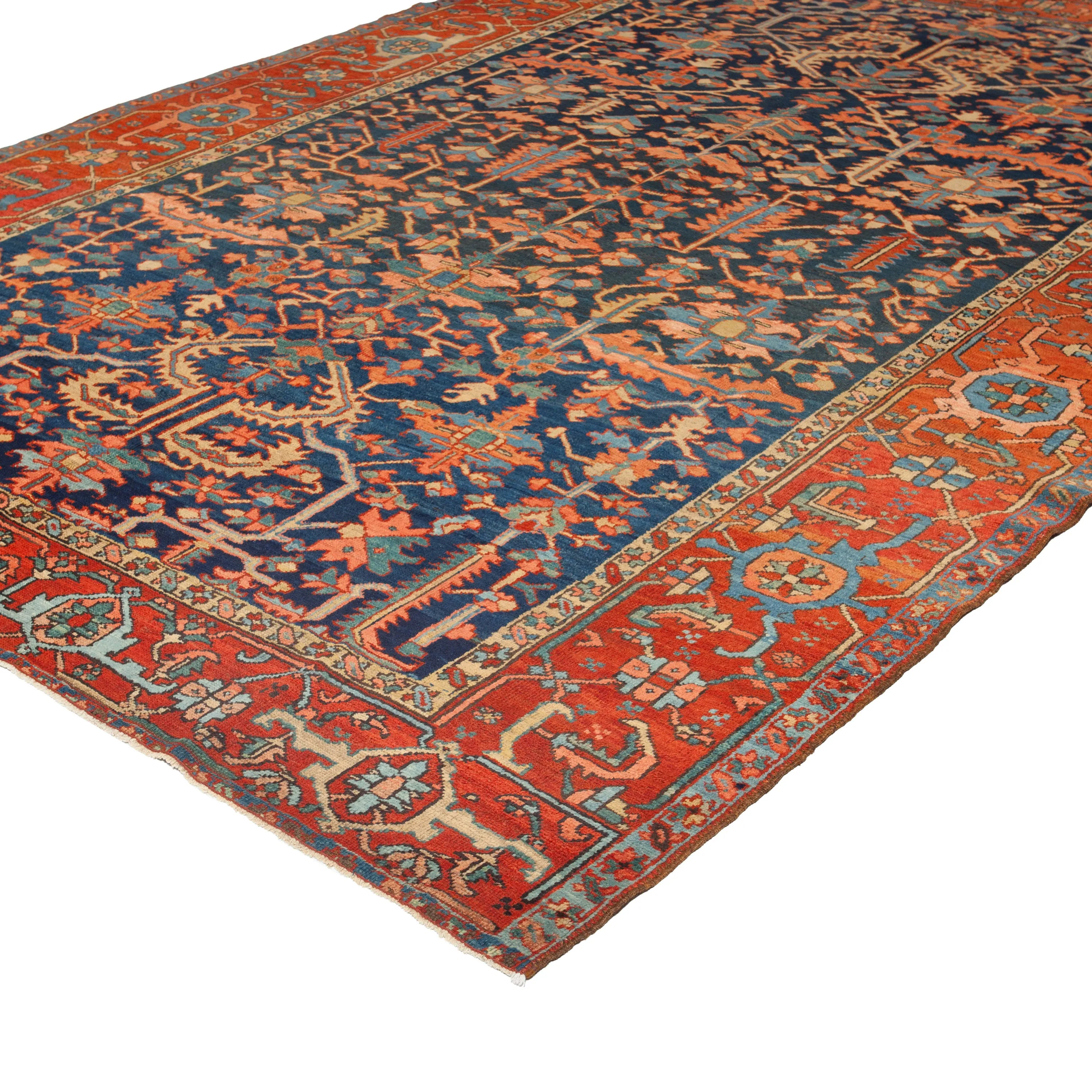 Blue & Orange Antique Persian Serapi Rug - 8'9" x 12'