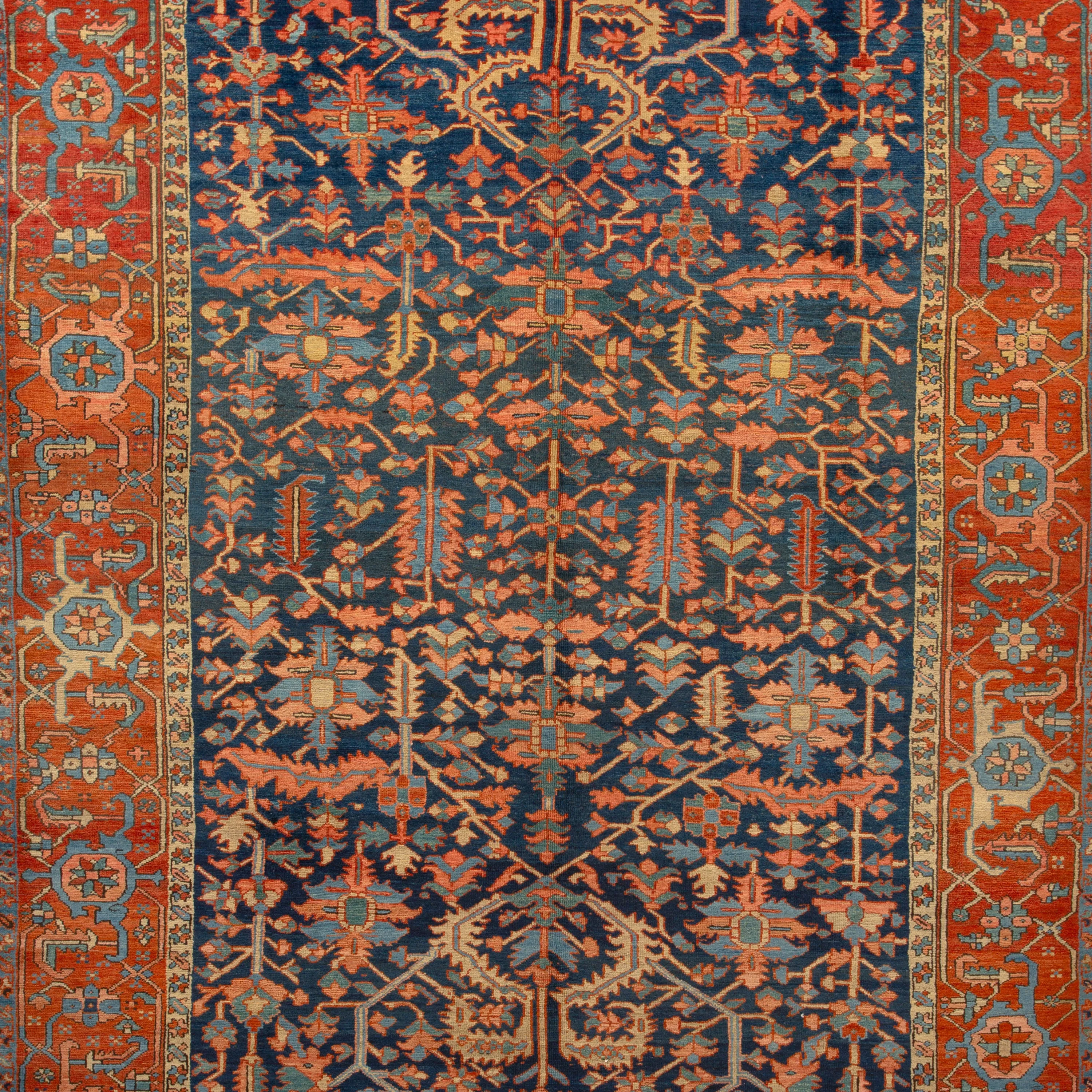 Blue & Orange Antique Persian Serapi Rug - 8'9" x 12'