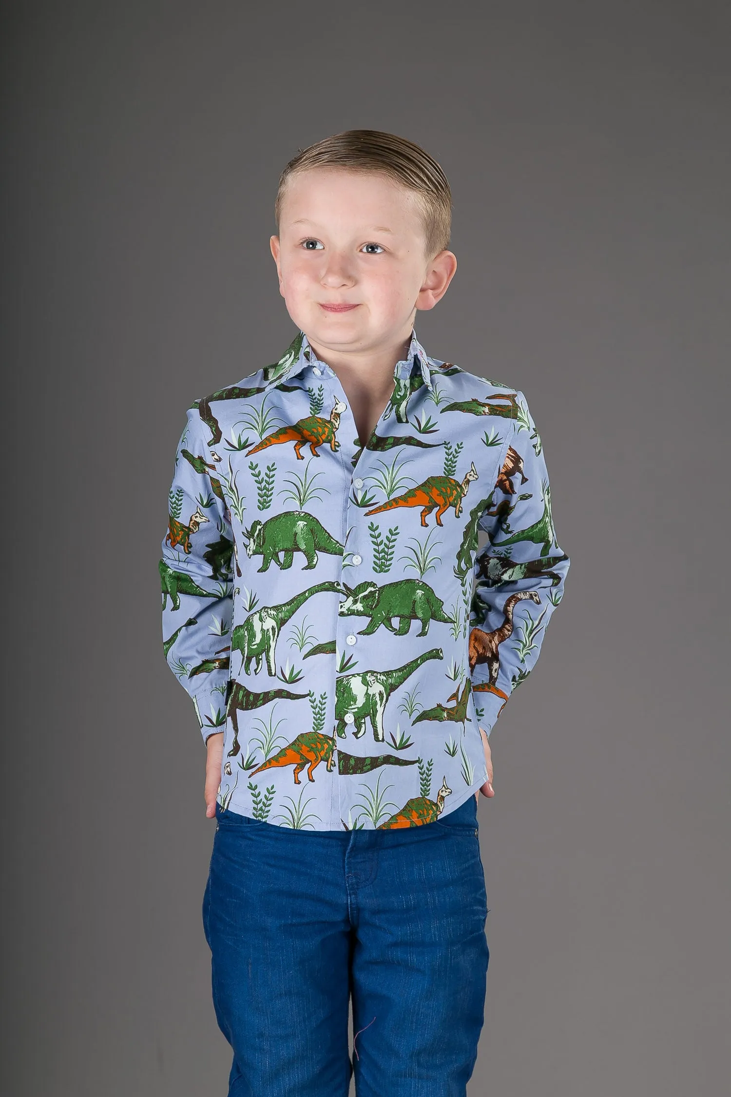 Boys Cotton Blue Dinosaurs Long Sleeve Shirt