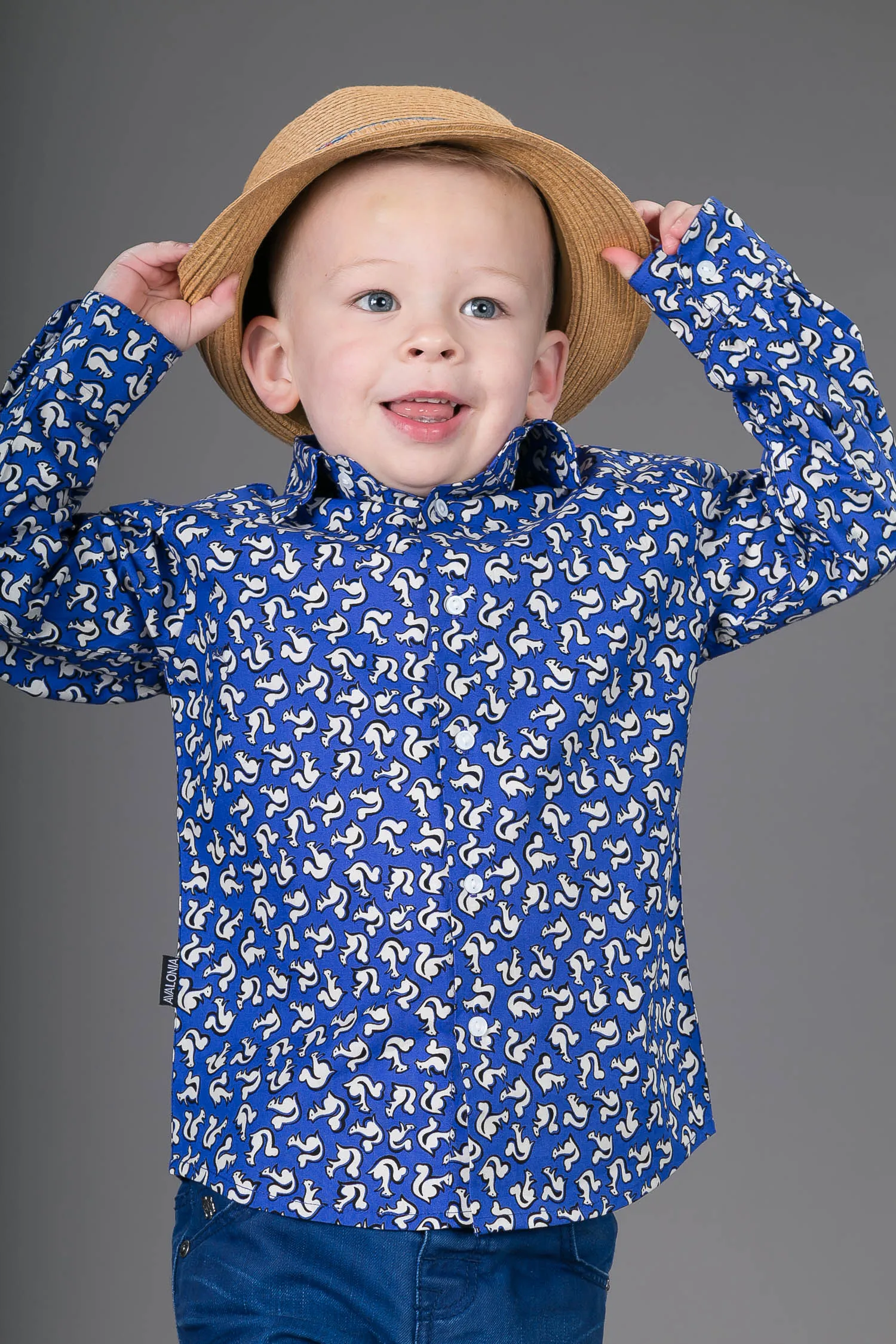 Boys Cotton Blue Squirrel Long Sleeve Shirt