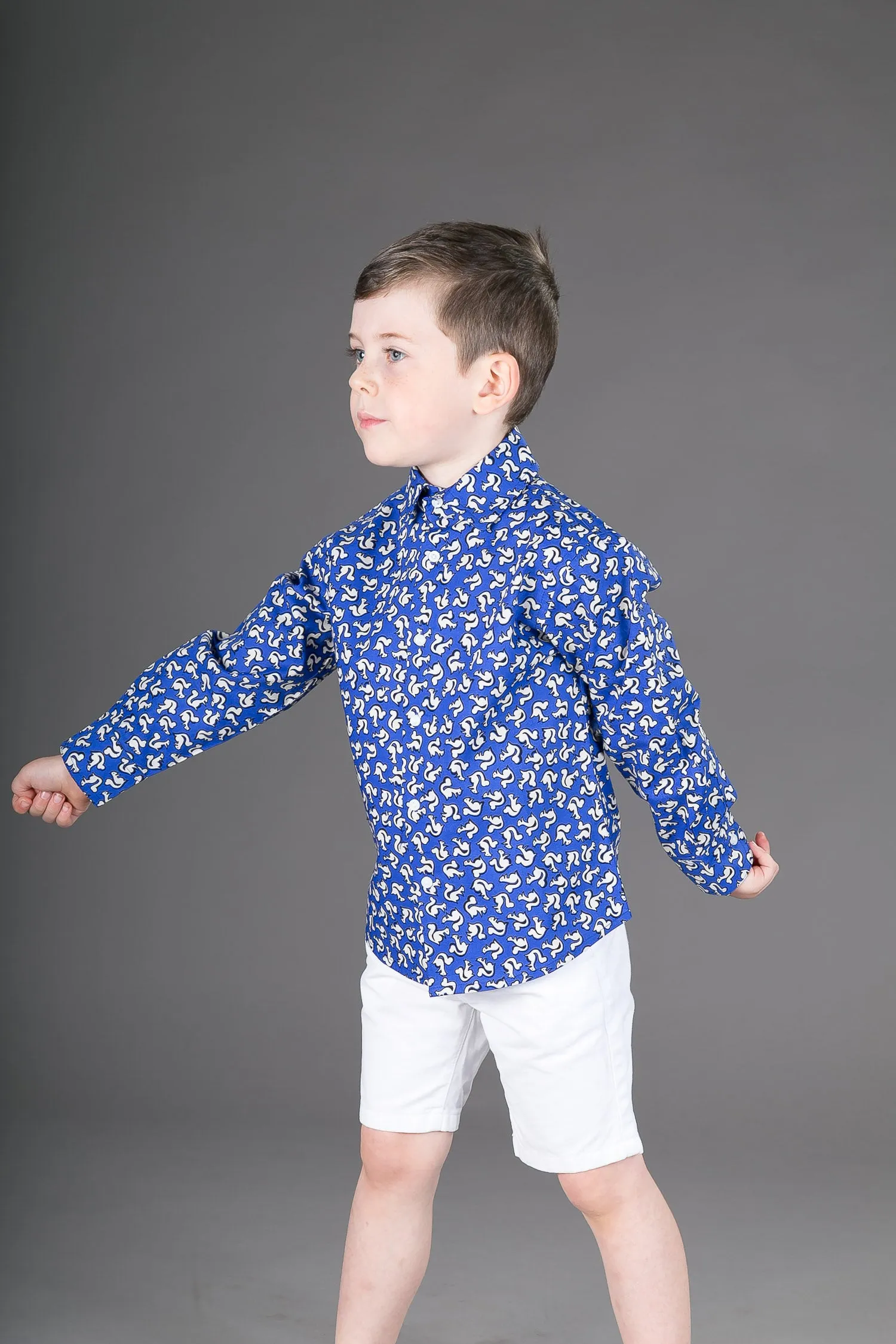 Boys Cotton Blue Squirrel Long Sleeve Shirt