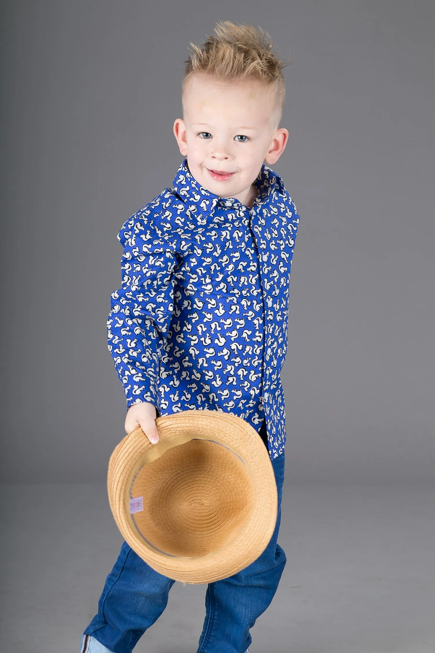 Boys Cotton Blue Squirrel Long Sleeve Shirt