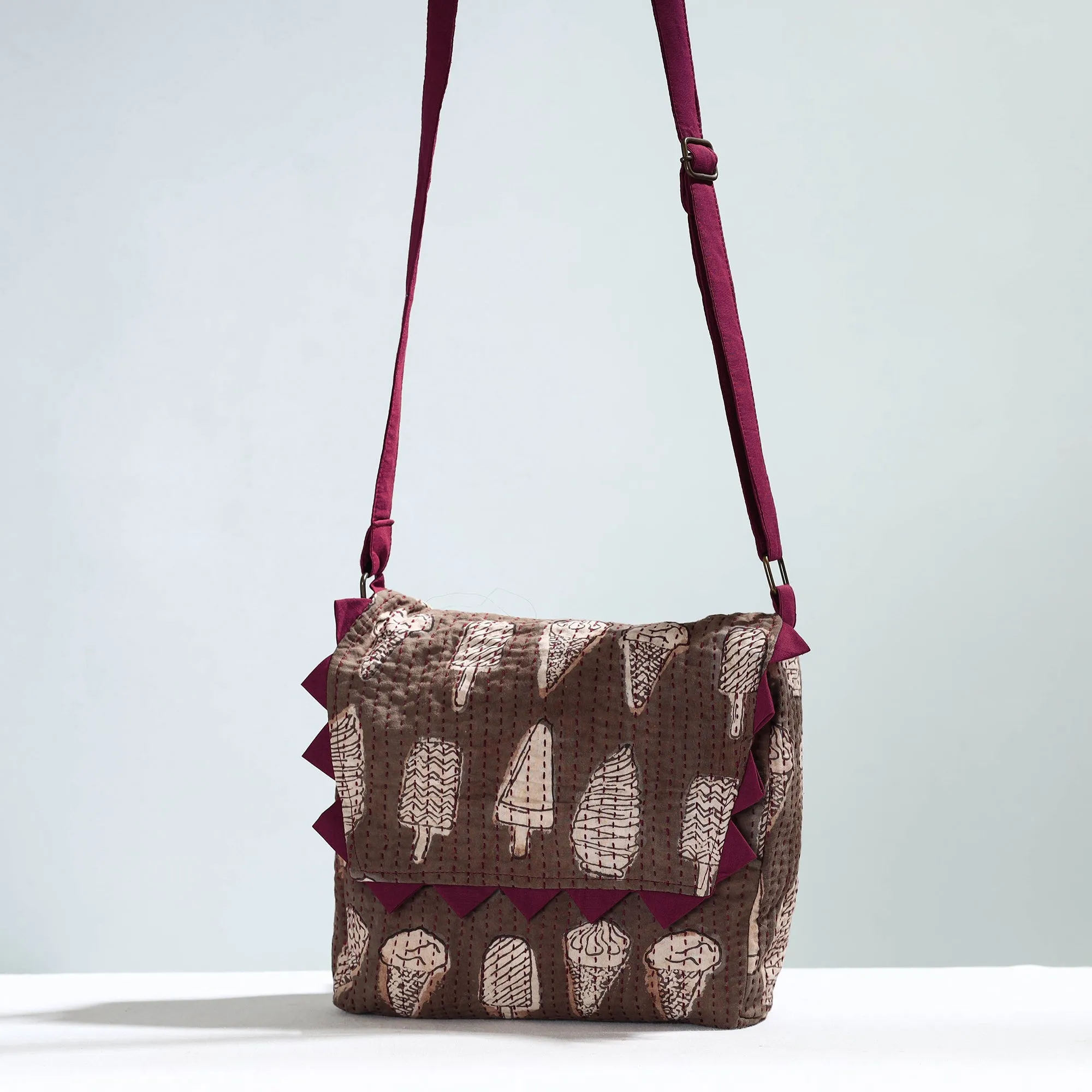 Brown - Jugaad Handmade Running Stitch Cotton Flap Sling Bag