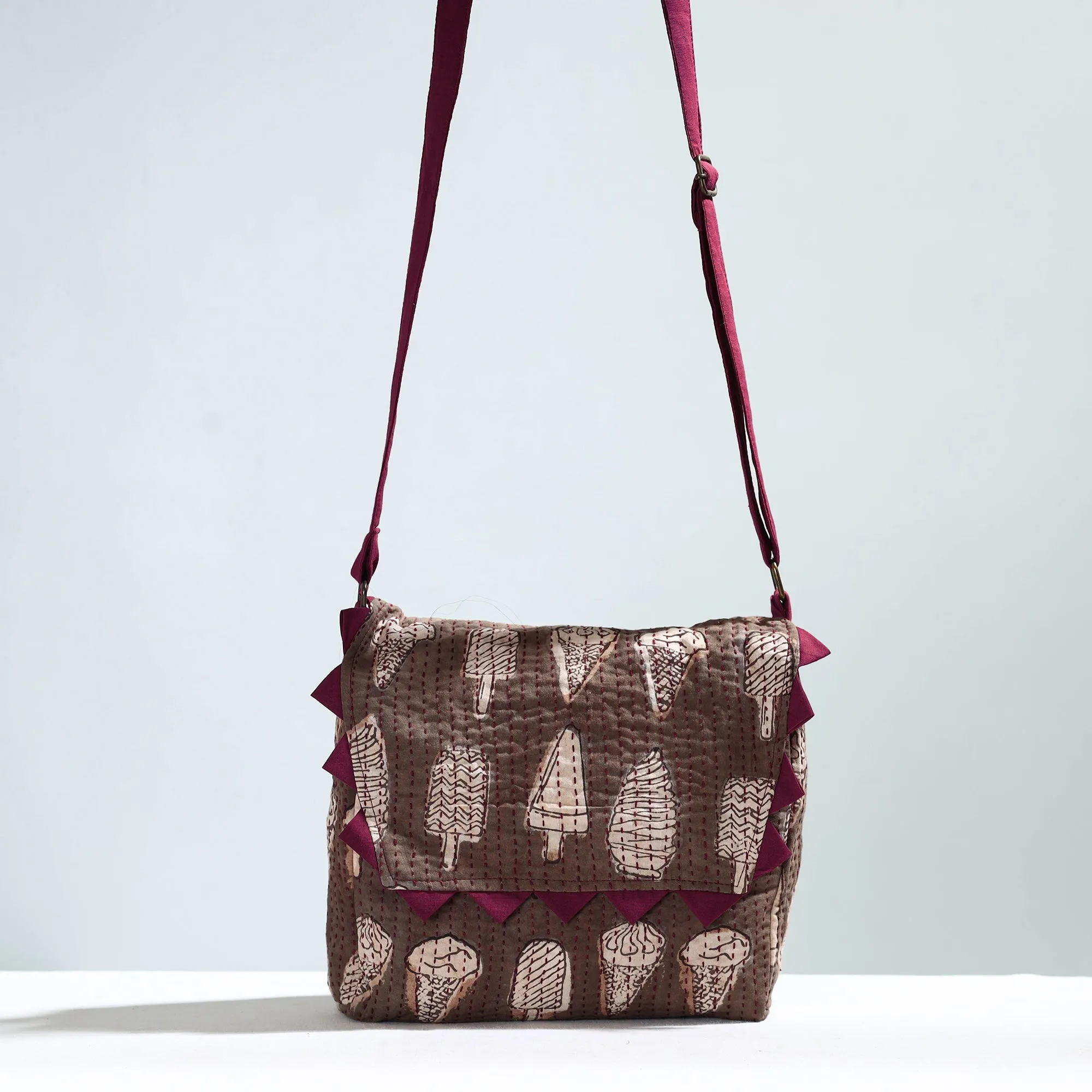 Brown - Jugaad Handmade Running Stitch Cotton Flap Sling Bag