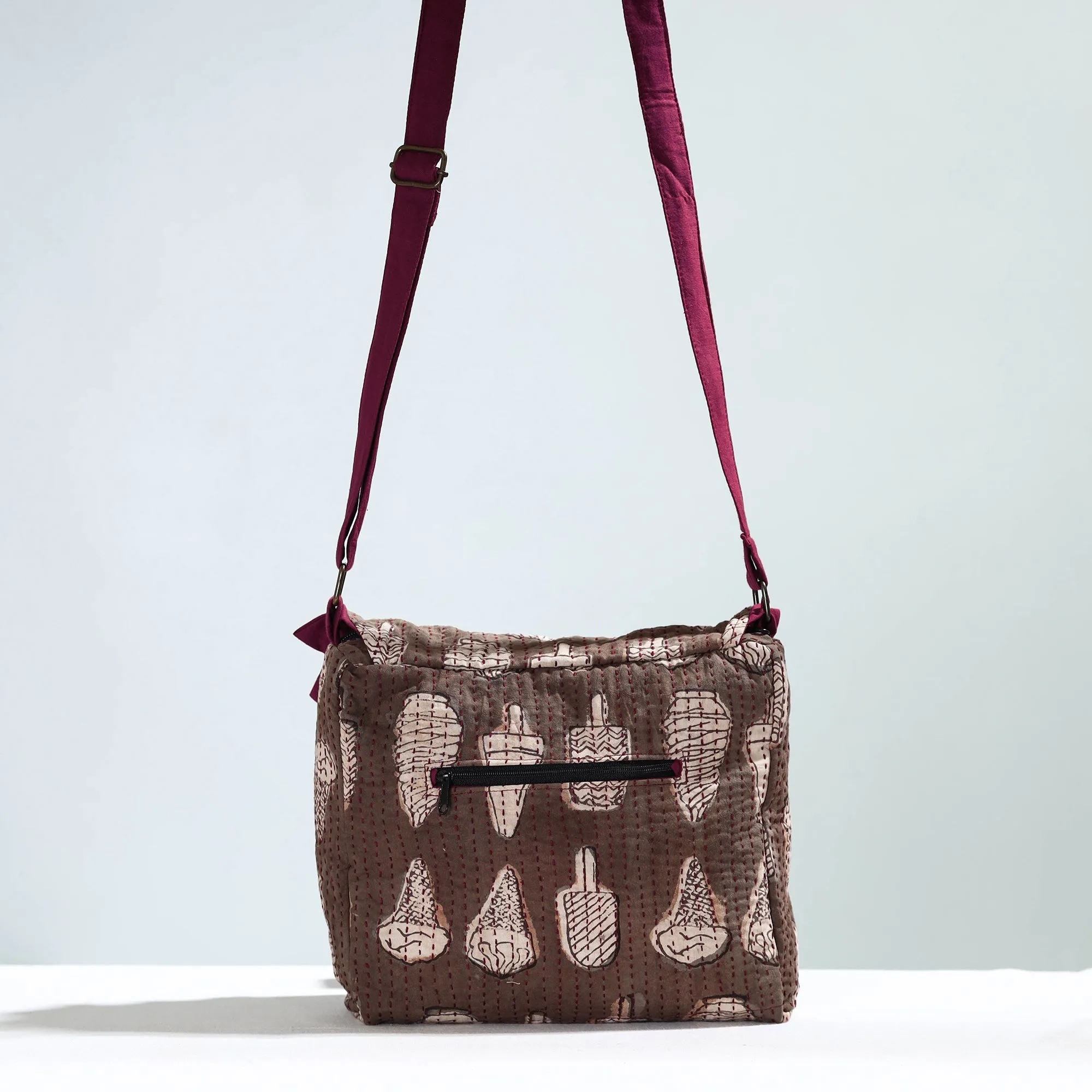 Brown - Jugaad Handmade Running Stitch Cotton Flap Sling Bag