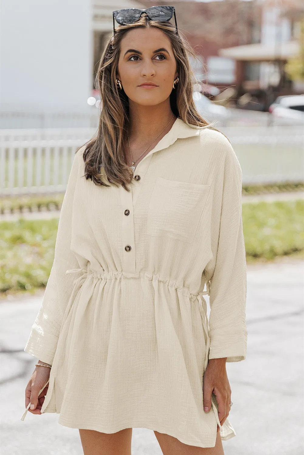 Button-Up Long Sleeve Collared Neck Mini Dress