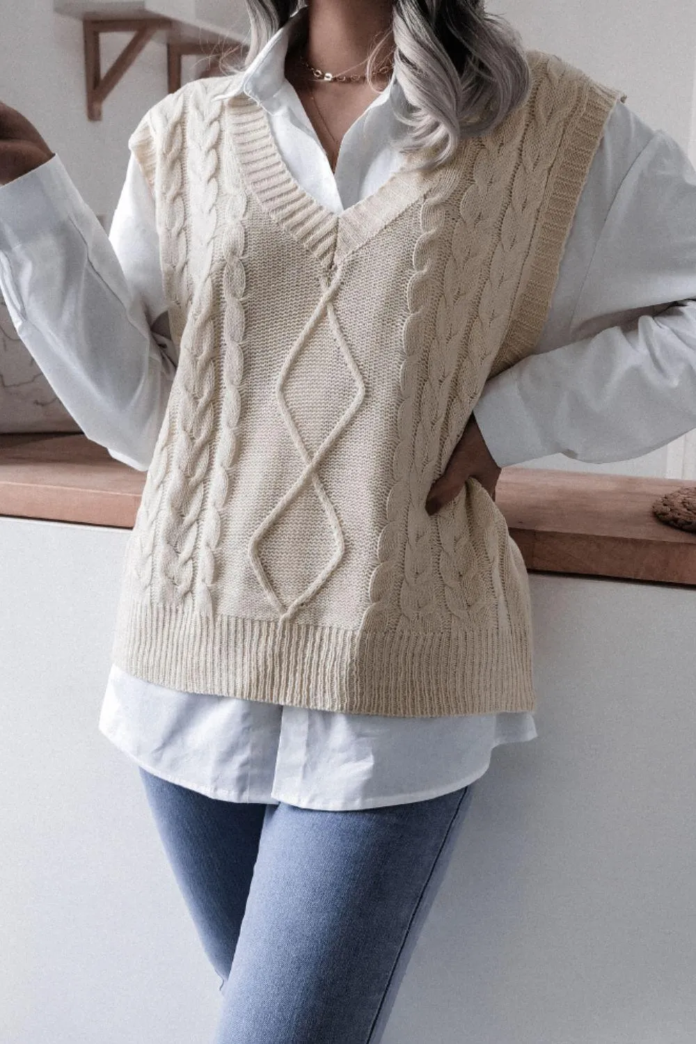 Cable-Knit V-Neck Sweater Vest