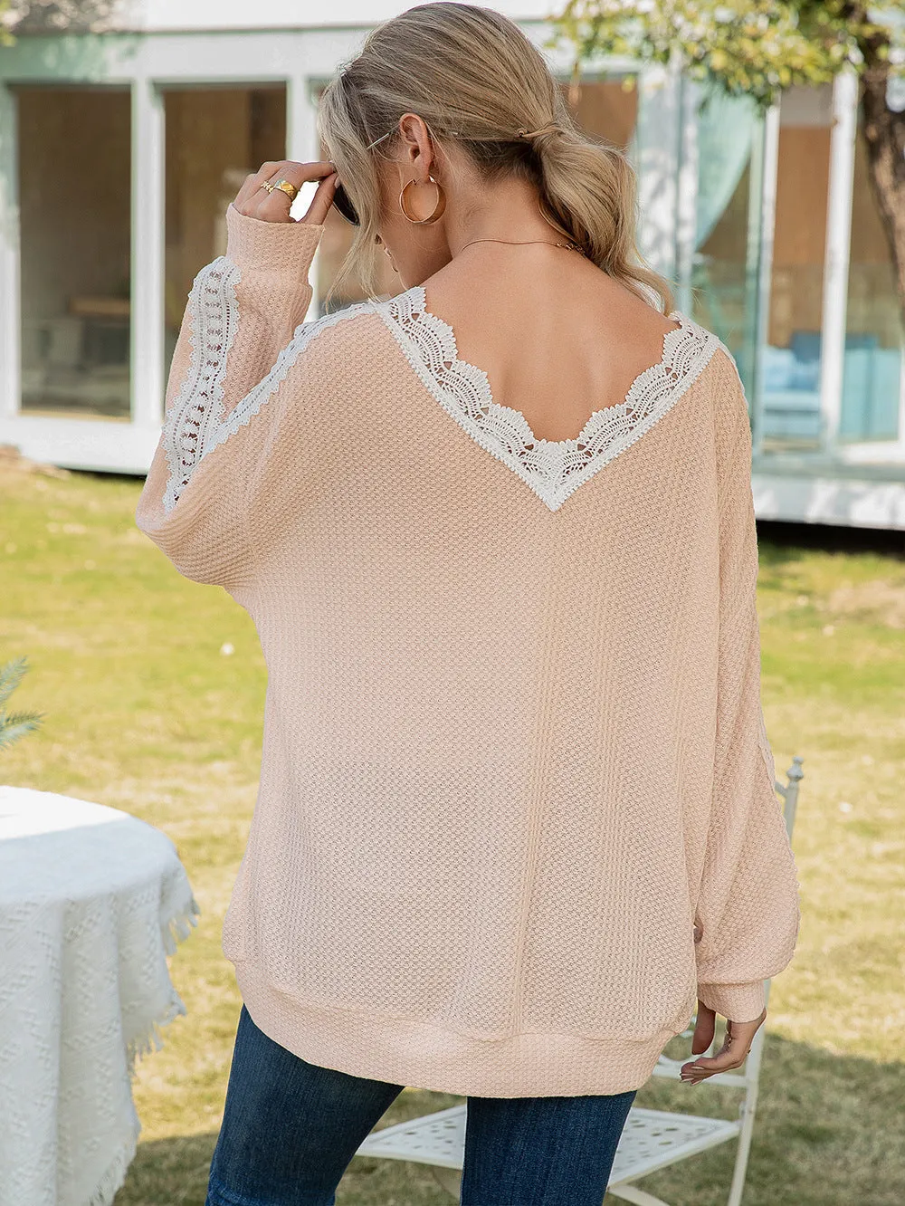 Contrast Spliced Lace V-Neck Top