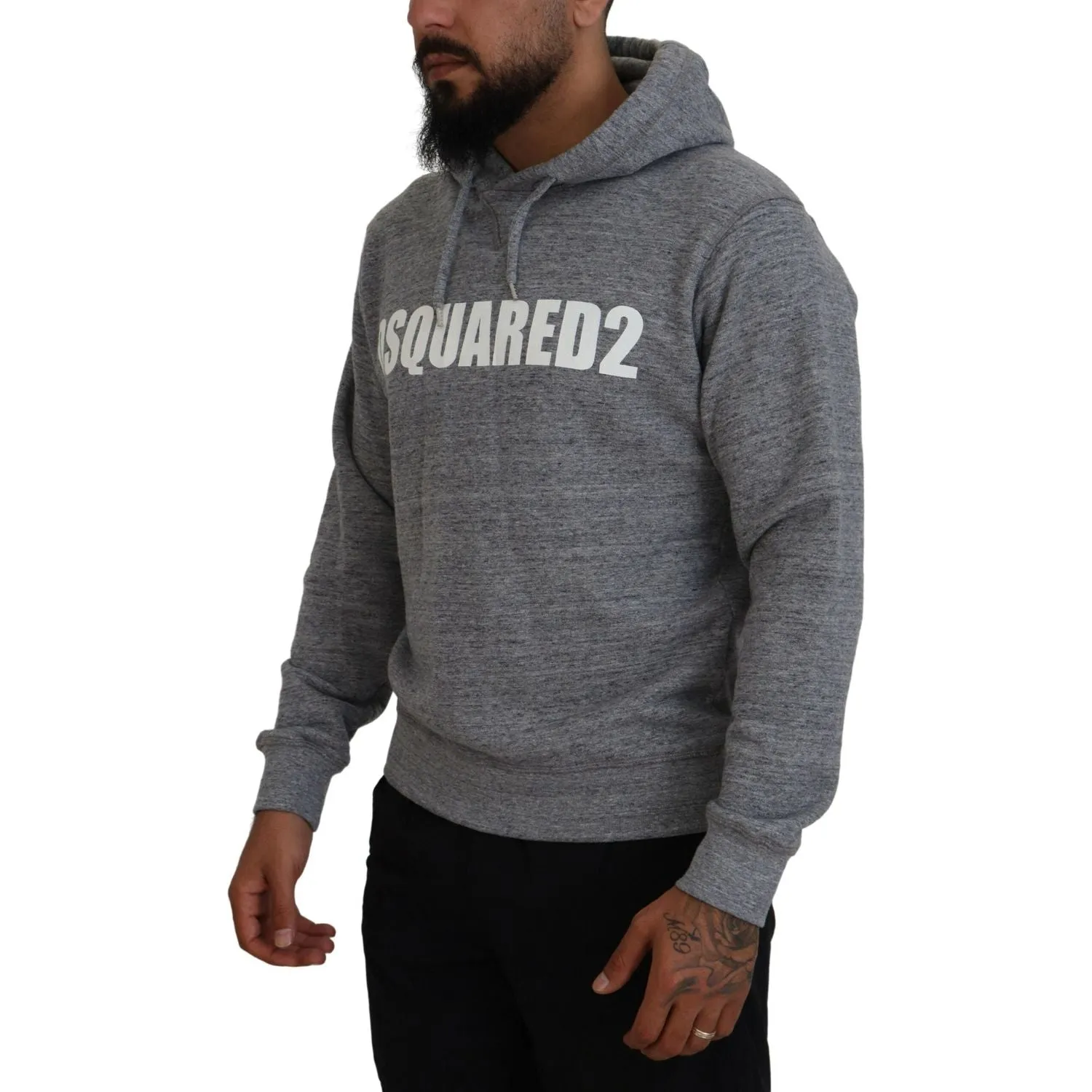 Dsquared² Gray Cotton Hooded Logo Print Men Pullover Sweater