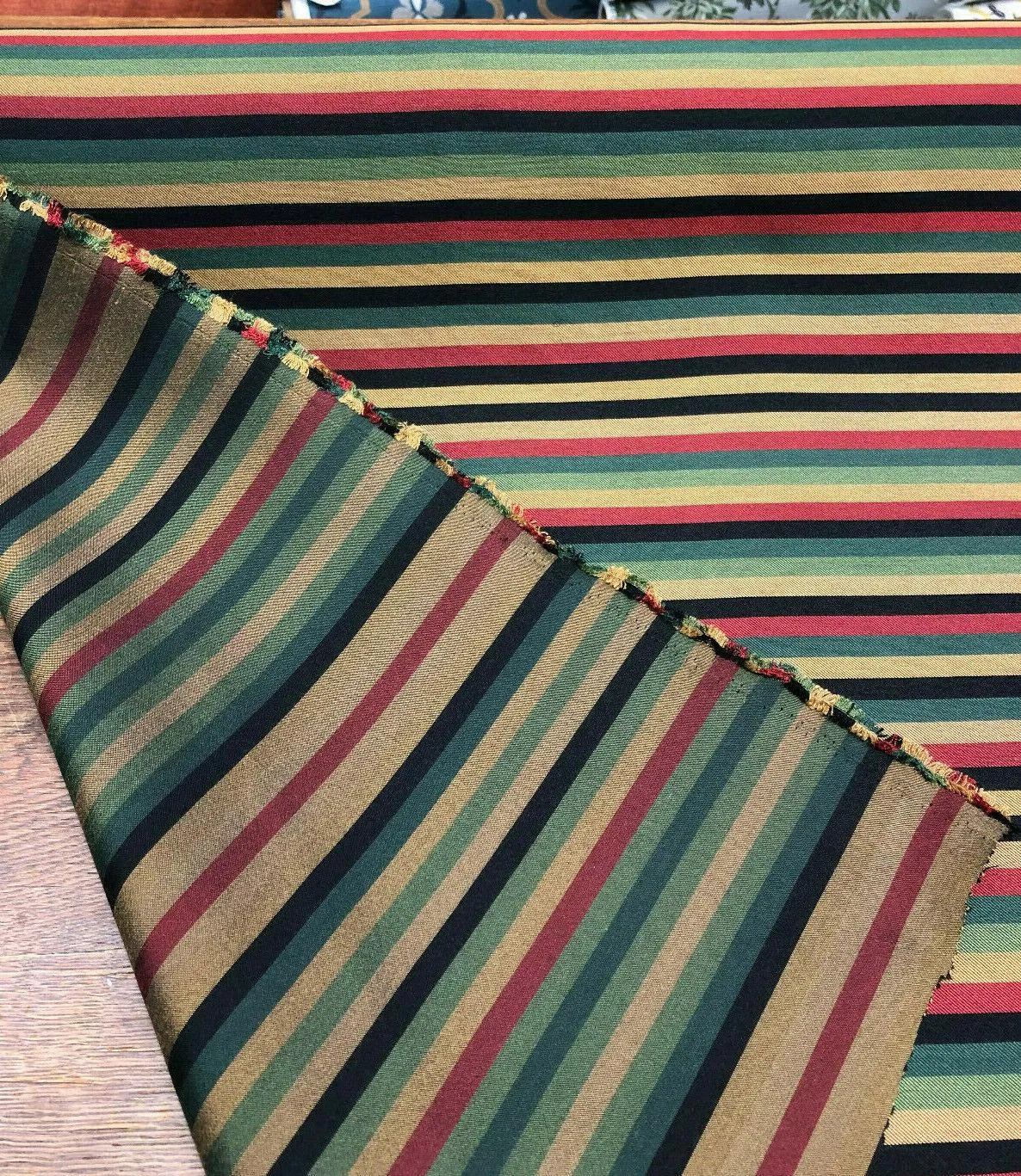 Fabricut Green Yellow Black Red Stripe Cotton Medium Fabric By The Yard