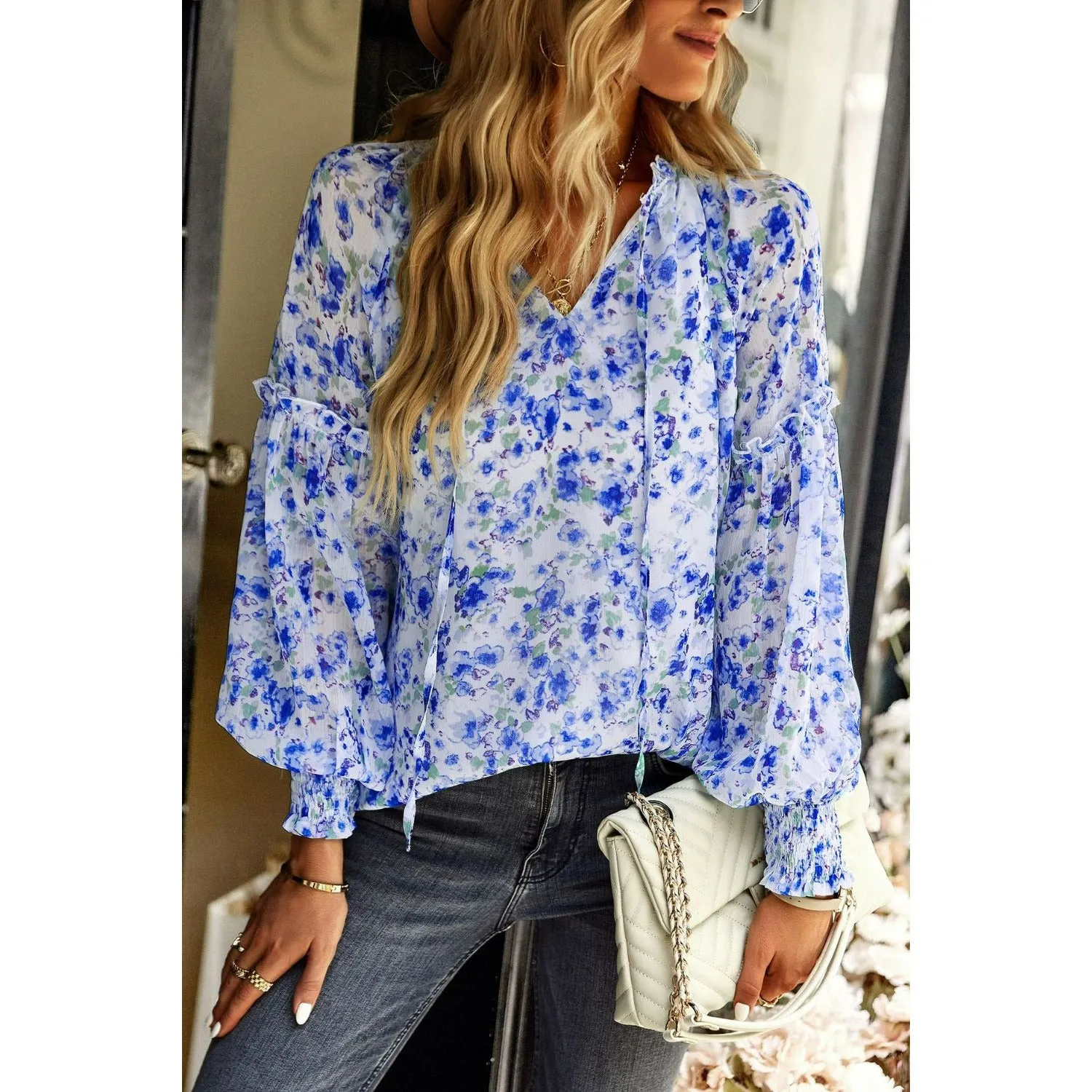 Floral Tie Neck Lantern Sleeve Blouse