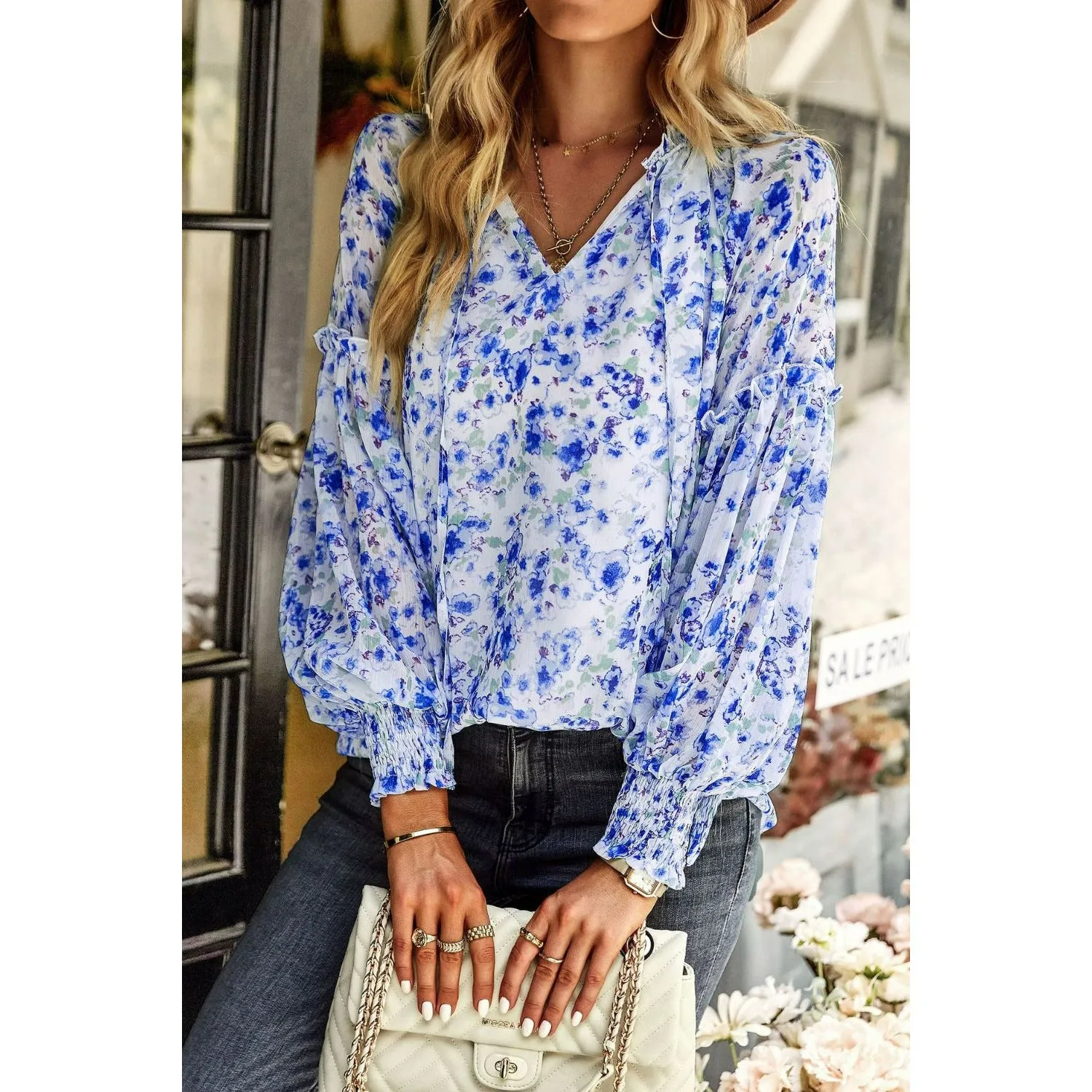 Floral Tie Neck Lantern Sleeve Blouse