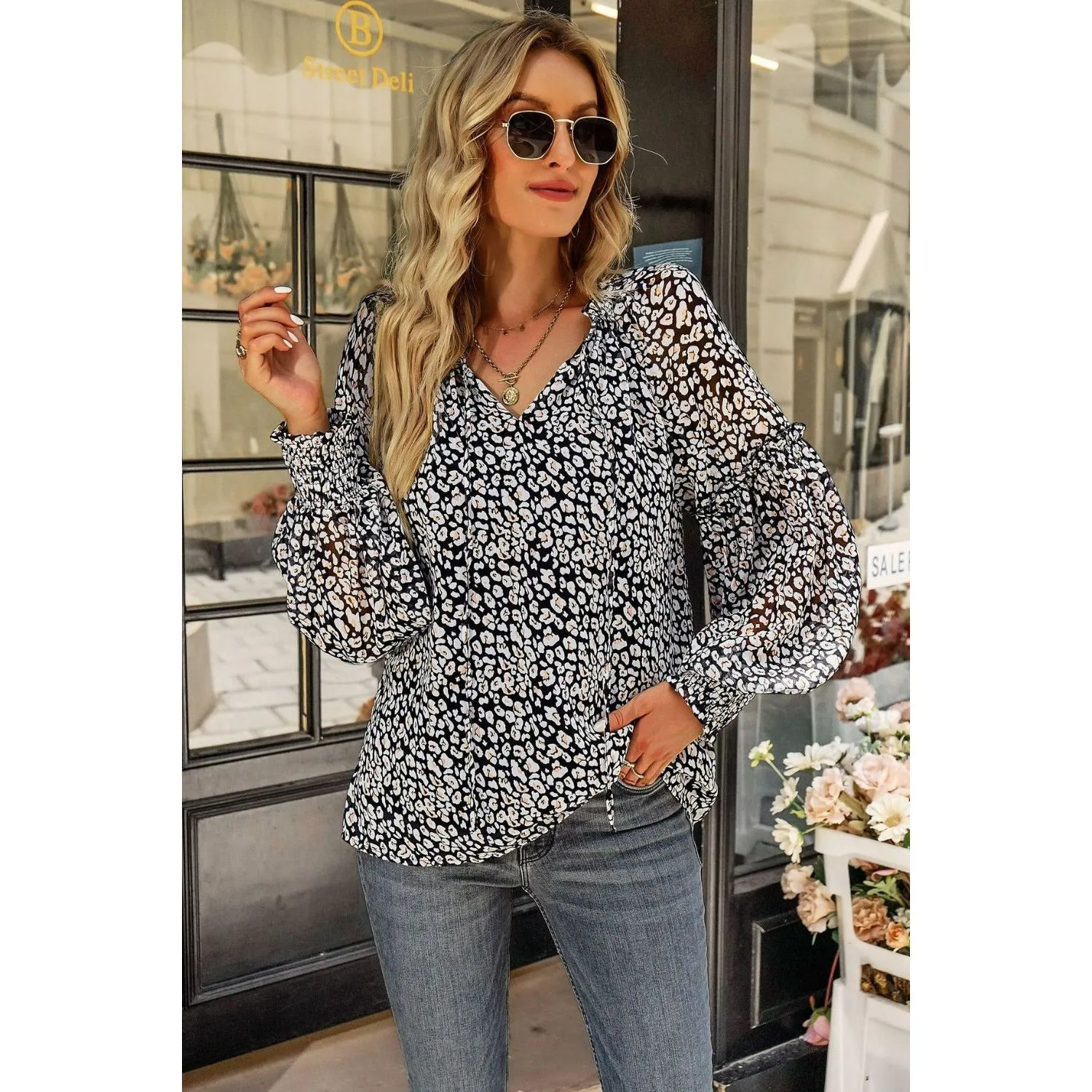 Floral Tie Neck Lantern Sleeve Blouse