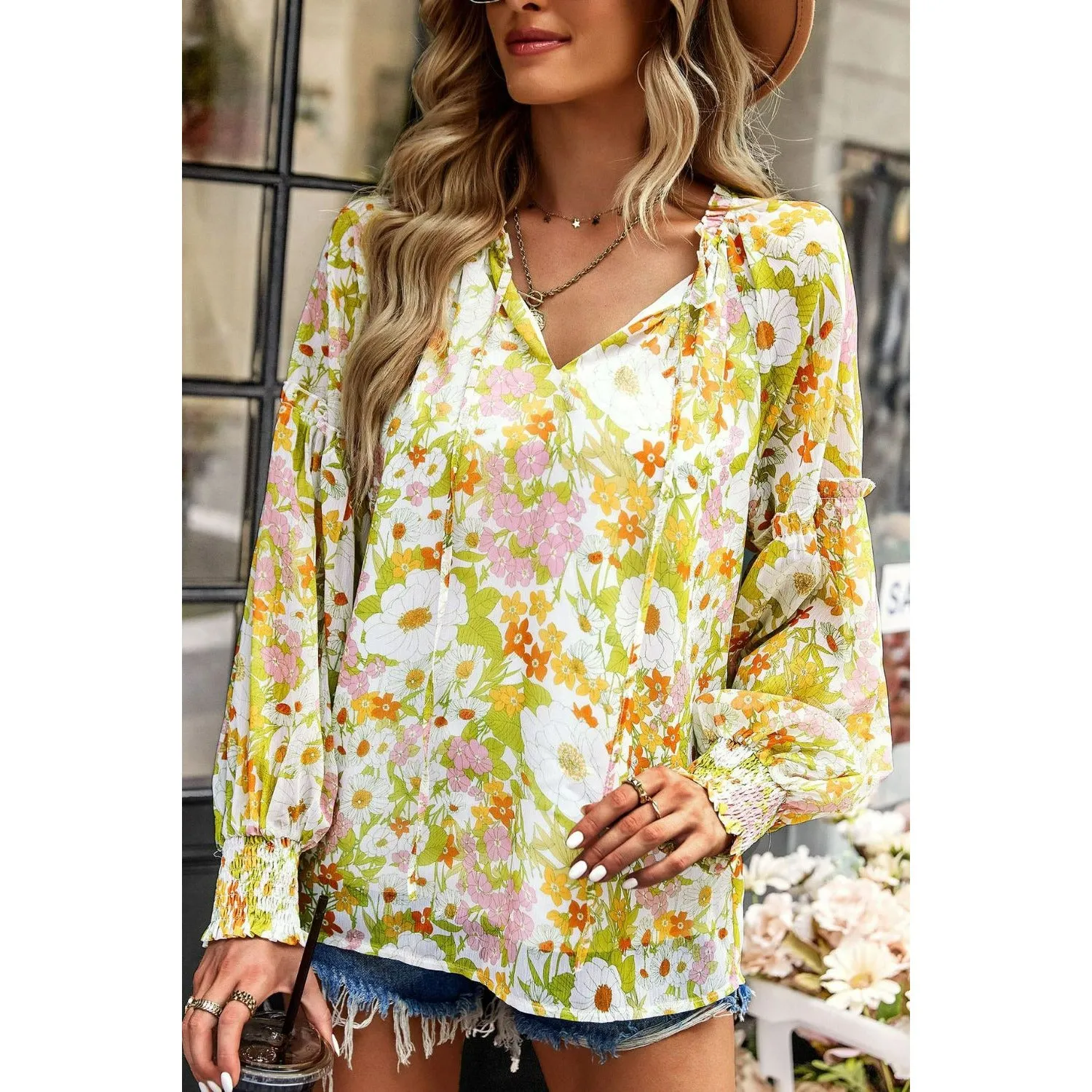 Floral Tie Neck Lantern Sleeve Blouse