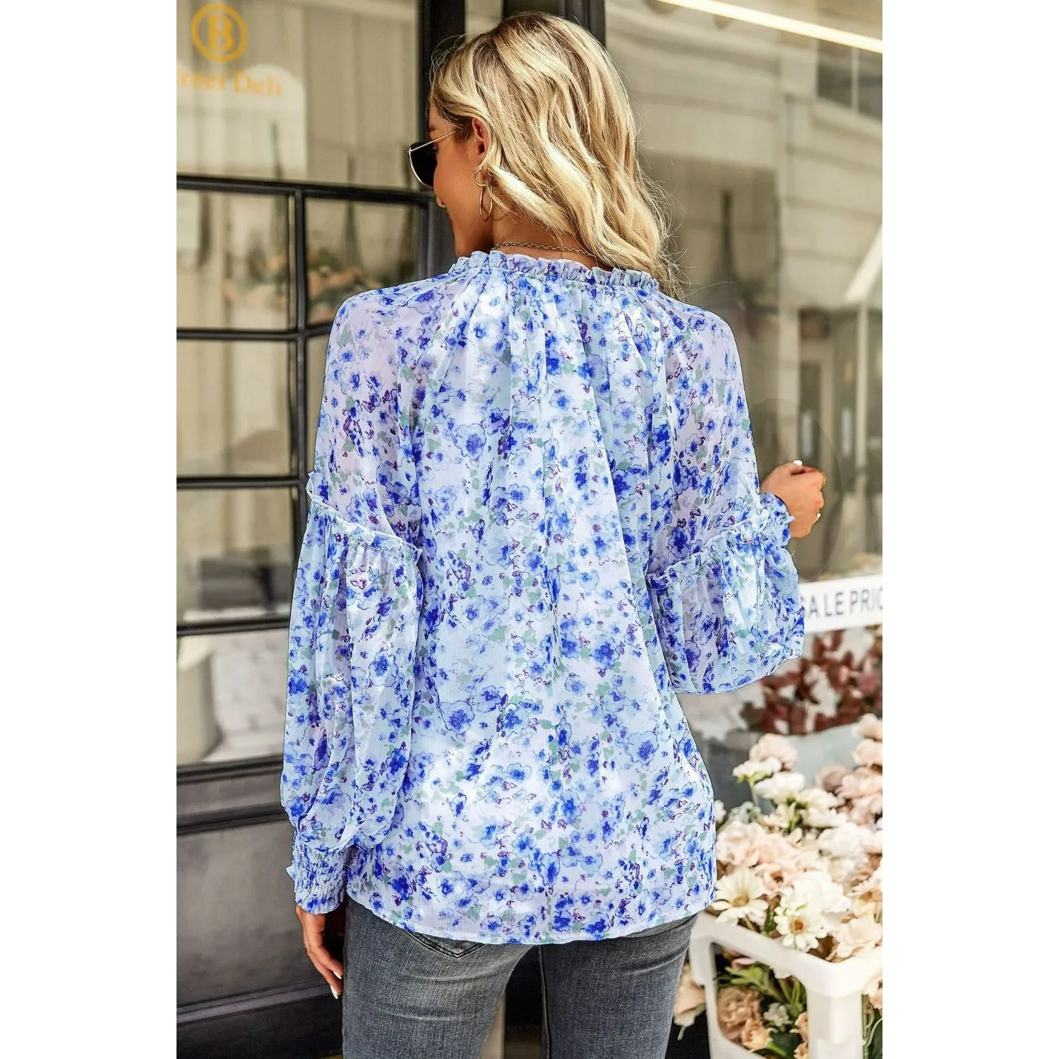 Floral Tie Neck Lantern Sleeve Blouse