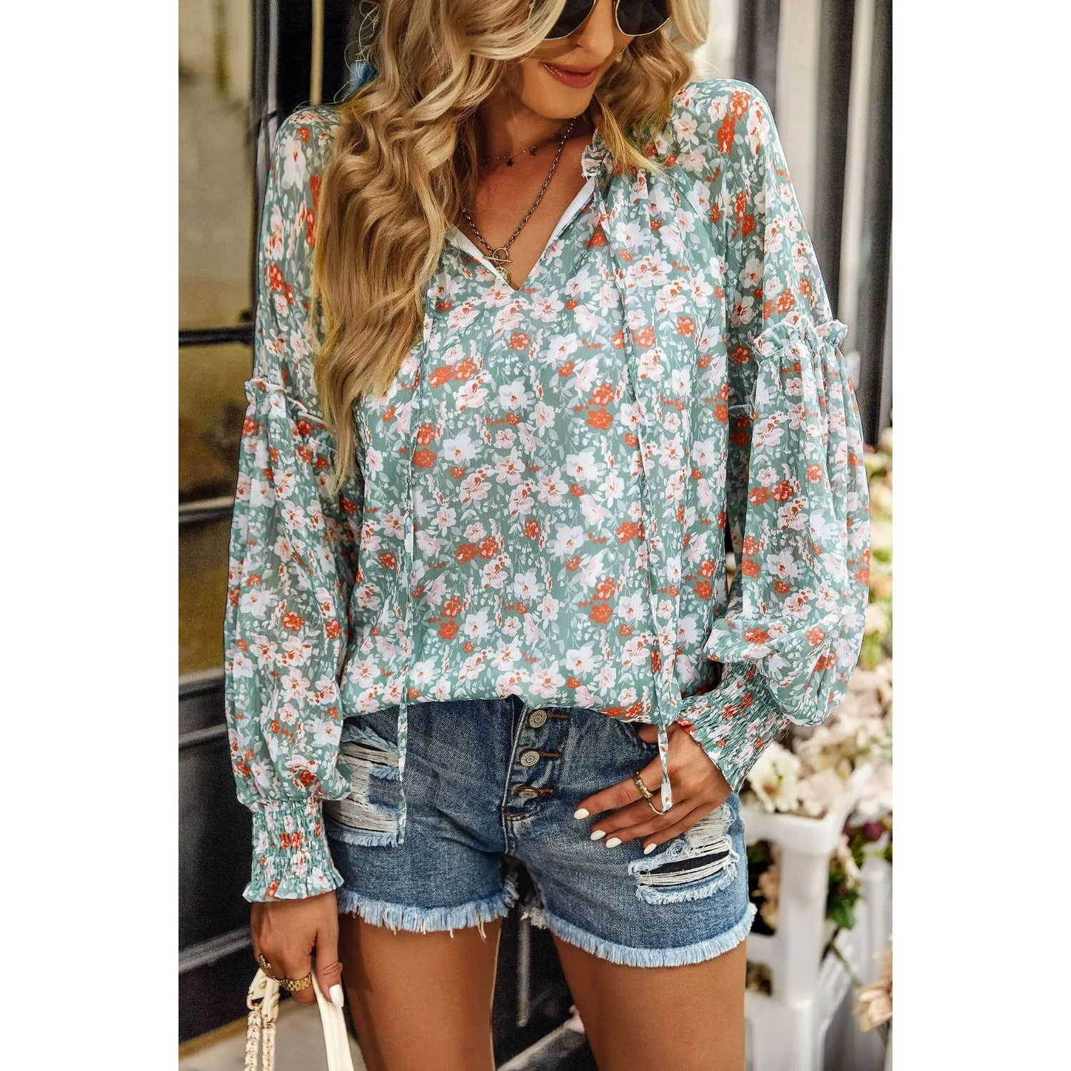 Floral Tie Neck Lantern Sleeve Blouse