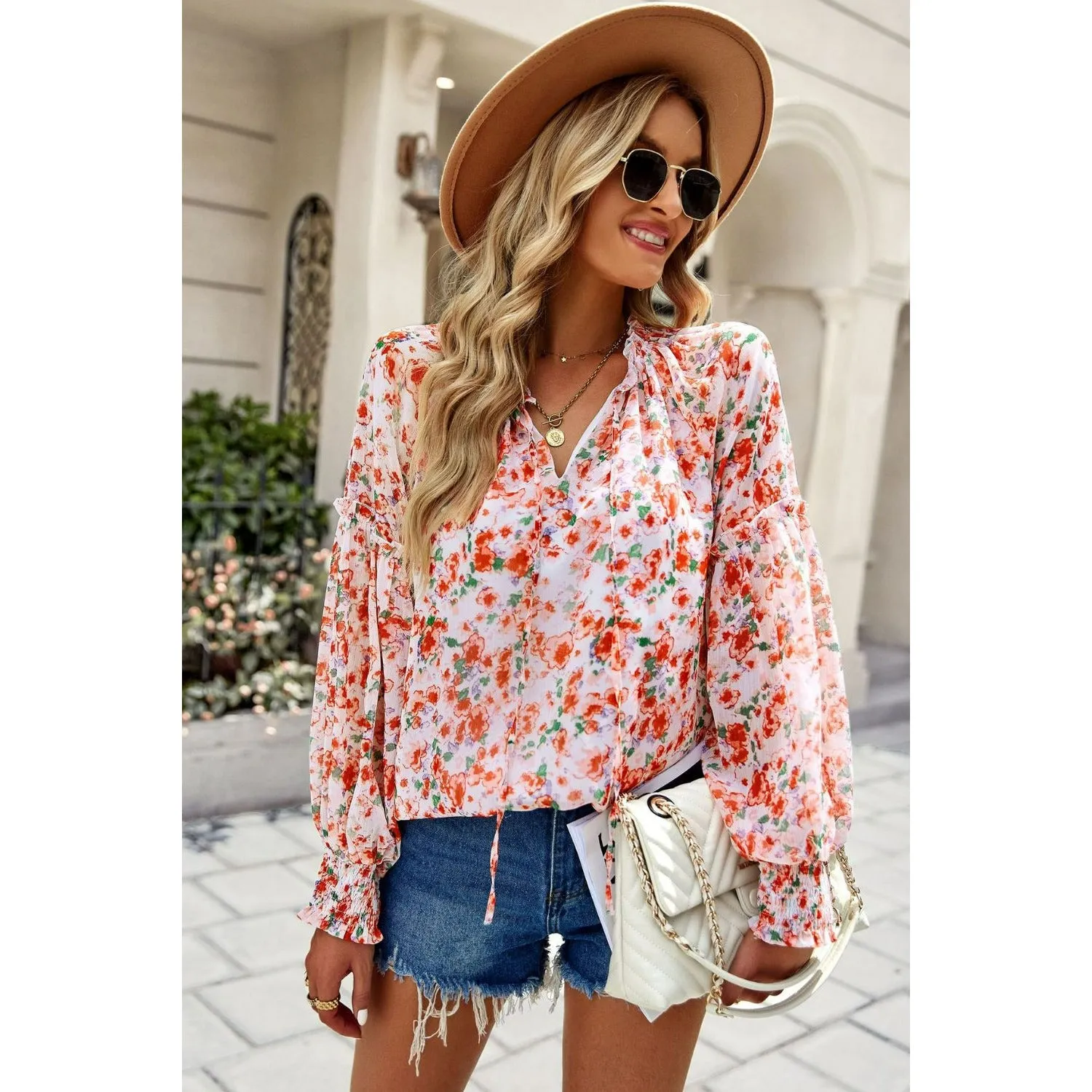 Floral Tie Neck Lantern Sleeve Blouse