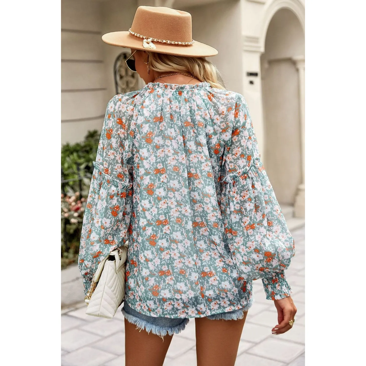 Floral Tie Neck Lantern Sleeve Blouse