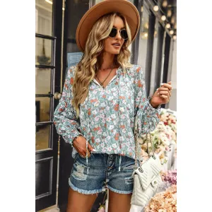 Floral Tie Neck Lantern Sleeve Blouse