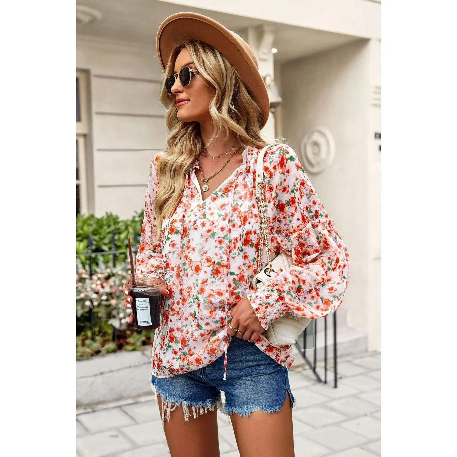 Floral Tie Neck Lantern Sleeve Blouse