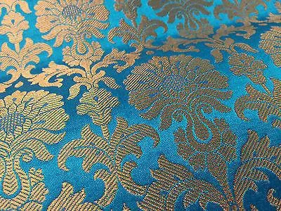 Golden Ornamental metallic print Indian faux silk banarsi Brocade fabric M244