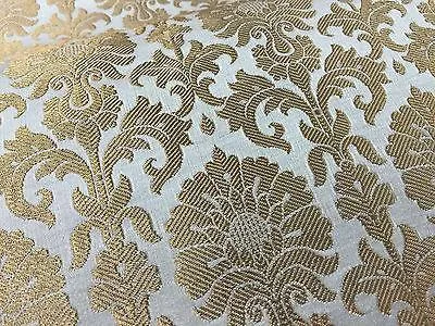 Golden Ornamental metallic print Indian faux silk banarsi Brocade fabric M244