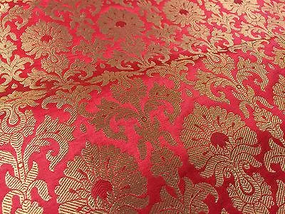 Golden Ornamental metallic print Indian faux silk banarsi Brocade fabric M244