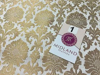 Golden Ornamental metallic print Indian faux silk banarsi Brocade fabric M244