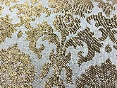 Golden Ornamental metallic print Indian faux silk banarsi Brocade fabric M244