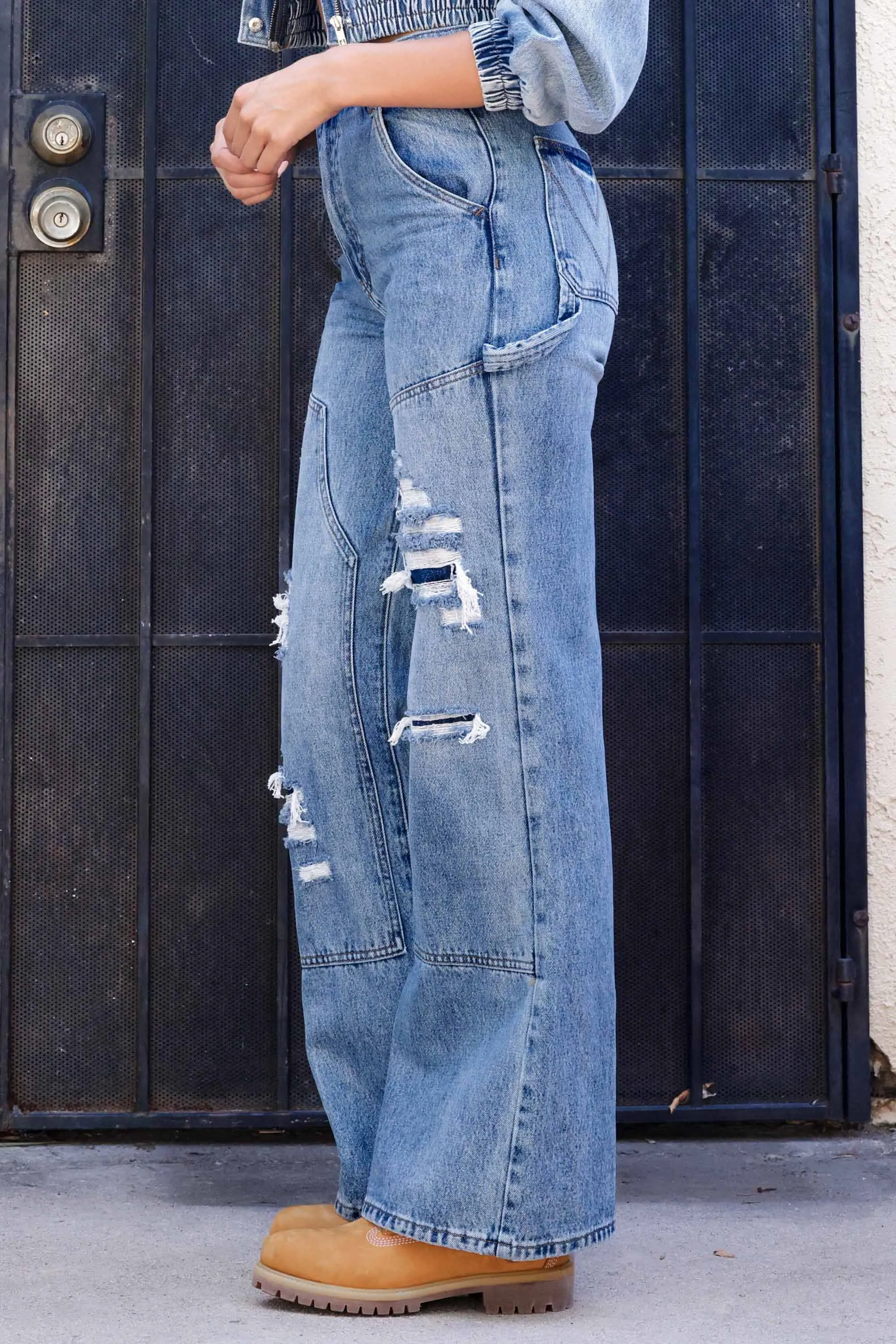 High-Rise Double Knee Wide Leg Jeans