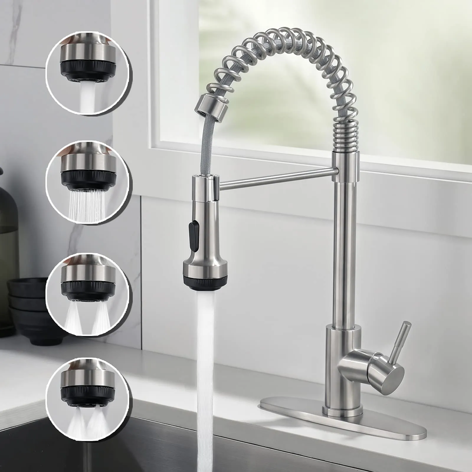 Kitchen Faucet Brushed Nickel with 4 Mode Pull Down Sprayer