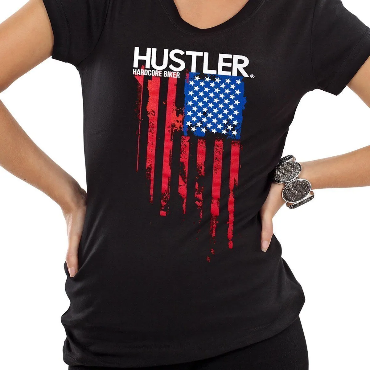 Ladies Officially Licensed Hustler HST-720 'Hardcore Biker Color Flag' Black Tee