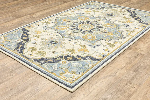 Medalia Area Rug - Mustard Yellow. Light Blue