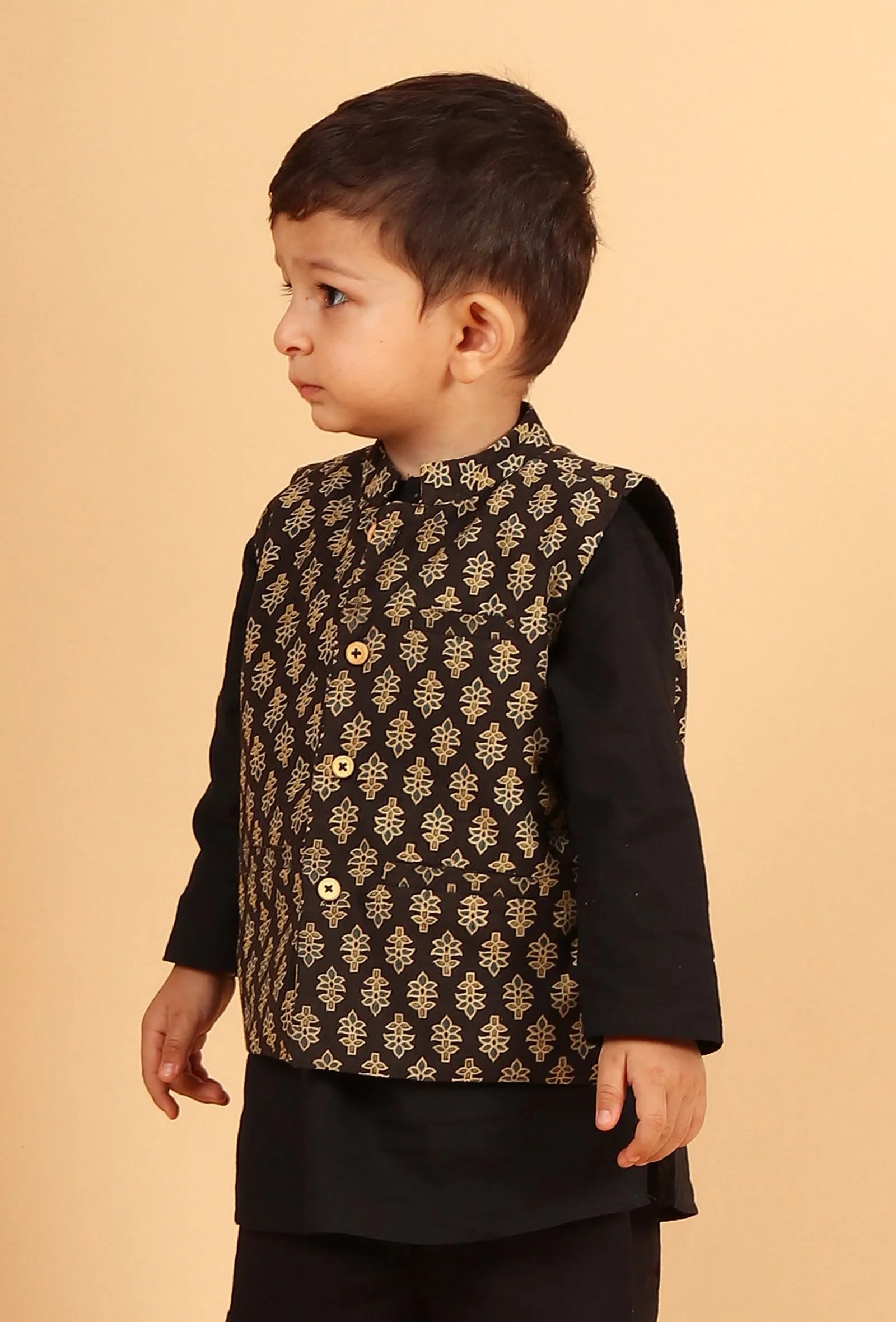 Mehul Black Ajrakh Print Cotton Nehru Jacket