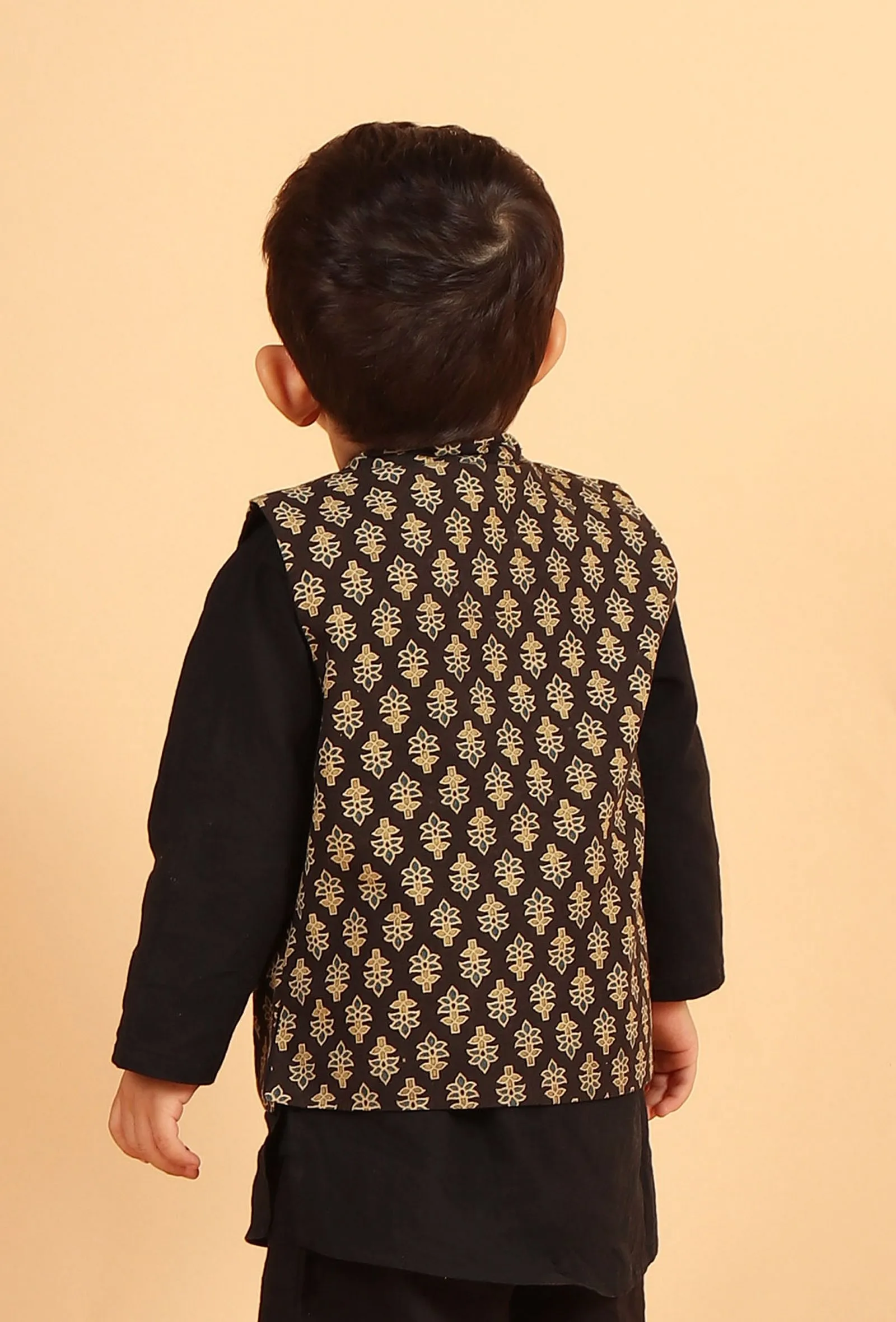 Mehul Black Ajrakh Print Cotton Nehru Jacket