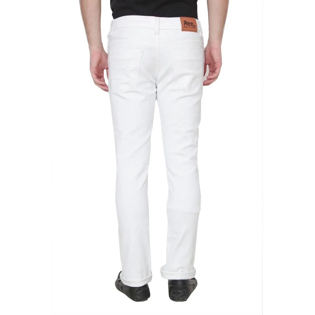 Men's White Cotton Blend Solid Regular Fit Mid-Rise Jeans