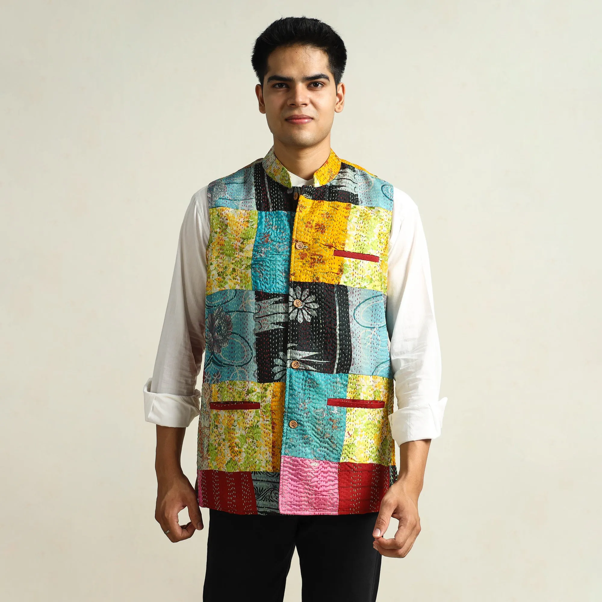 Multicolor - Kantha Embroidery Patchwork Silk Nehru Jacket 13