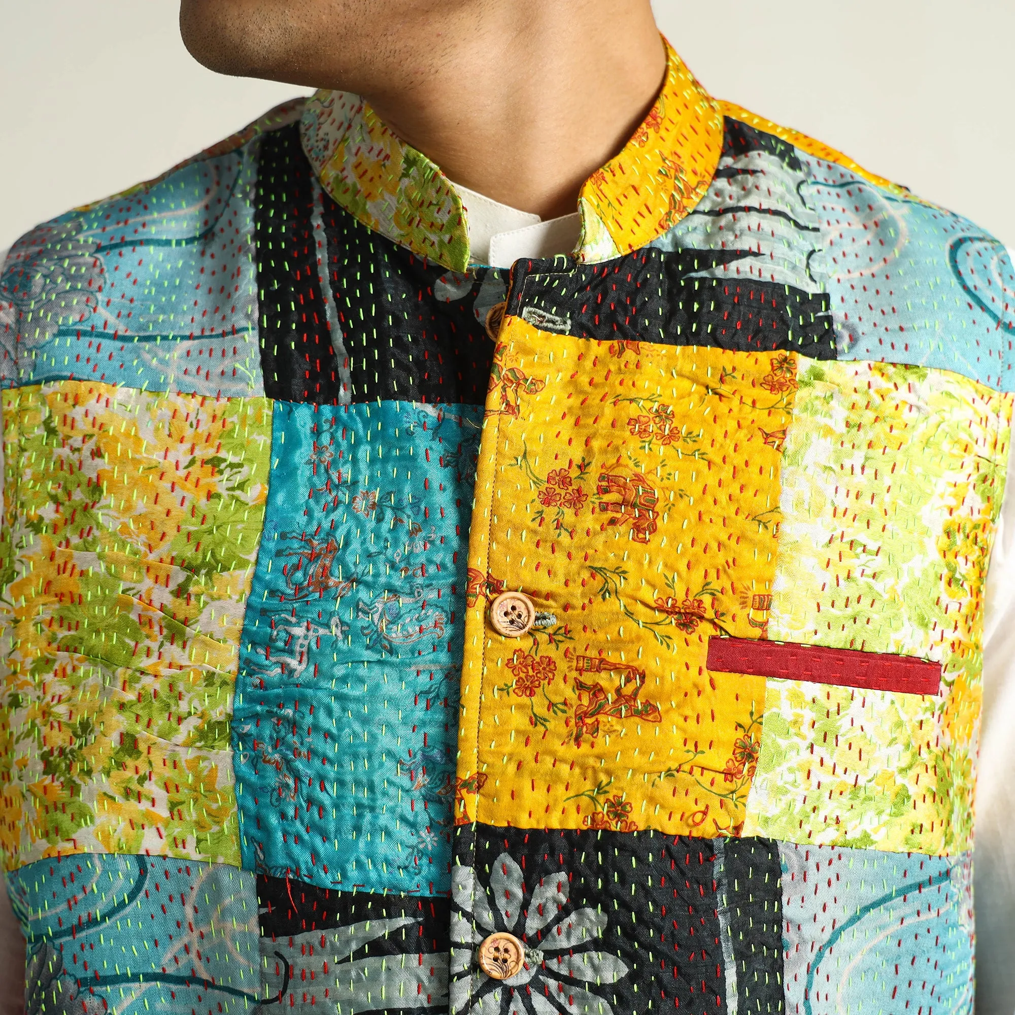 Multicolor - Kantha Embroidery Patchwork Silk Nehru Jacket 13