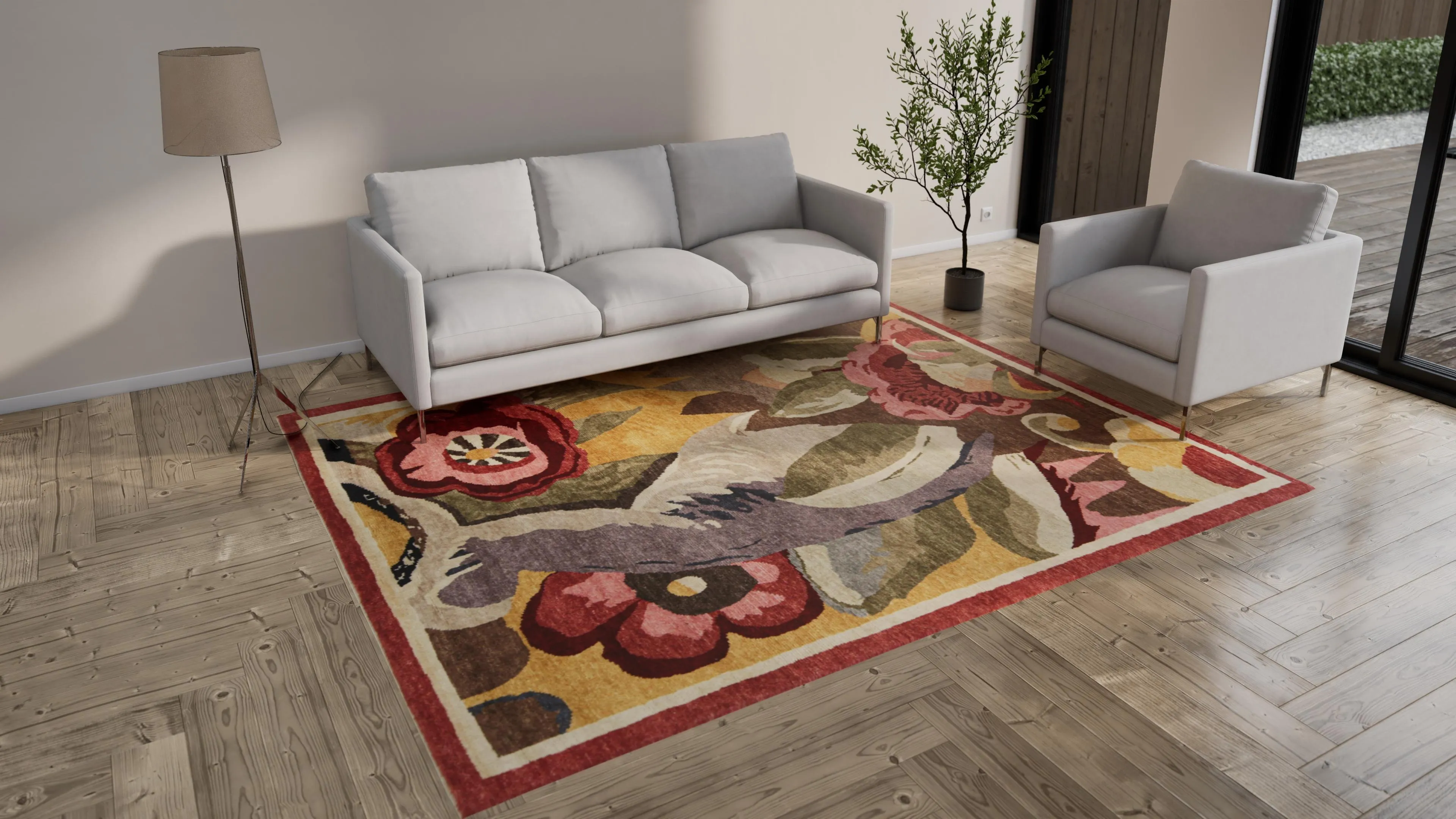 Multicolored Modern Floral Wool Rug - 8' x 9'11"