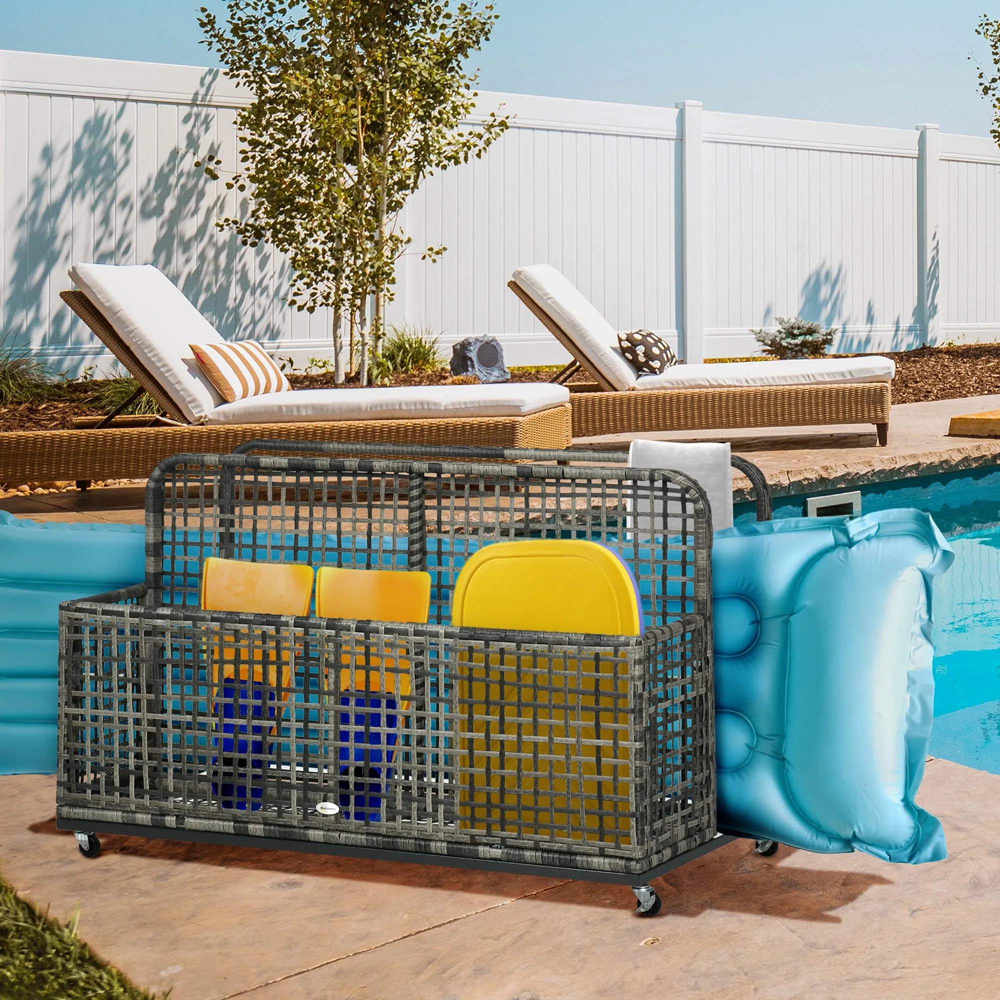 Outsunny Patio Wicker Pool Float Storage with Wheels, Outdoor Rolling PE Rattan Pool Caddy,  Includes Compartment and Basket, for Pool, Garden, Deck, Dark Grey